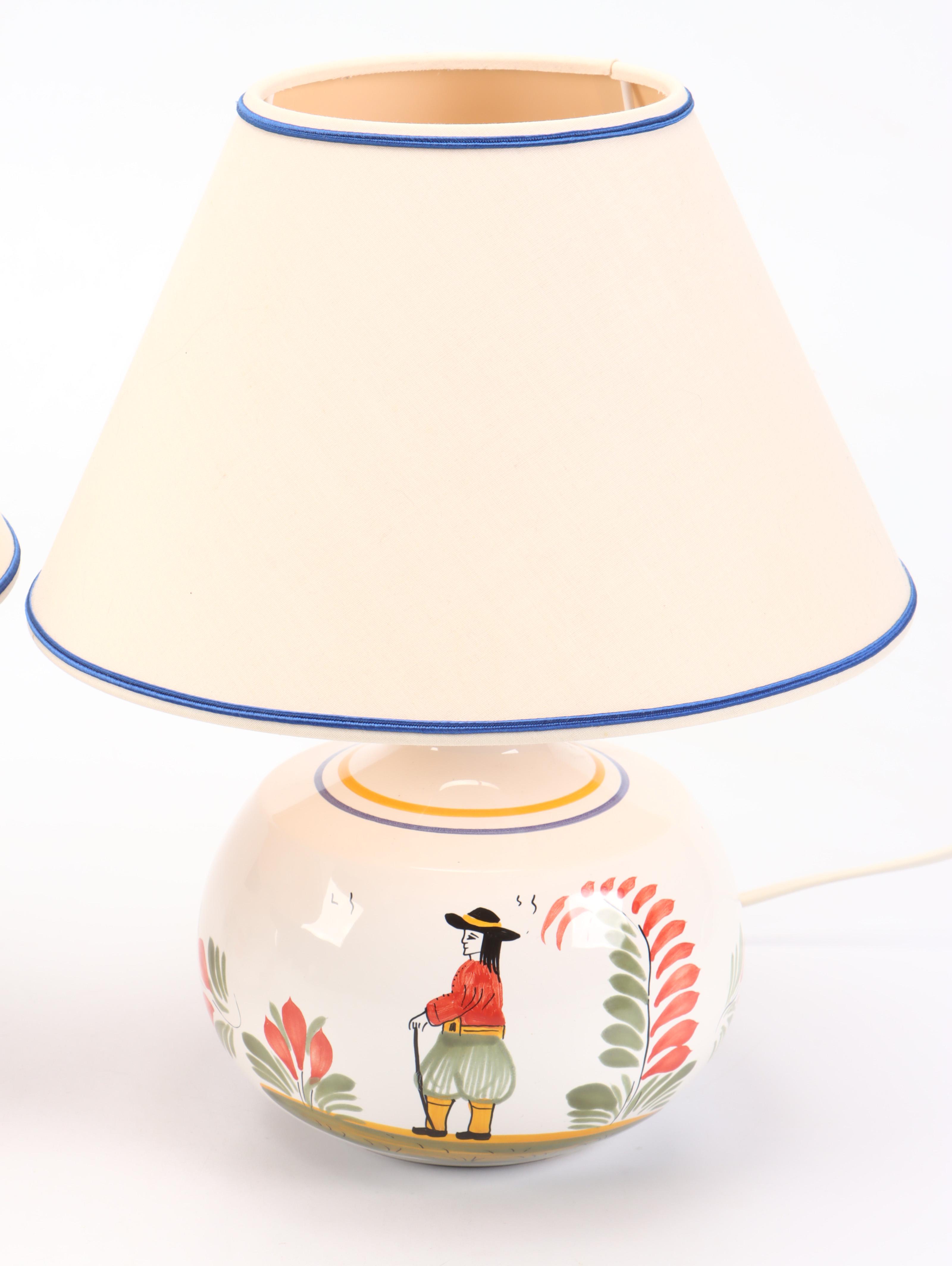 Henriot Quimper Hand-Painted Ceramic Table Lamps with Bowls