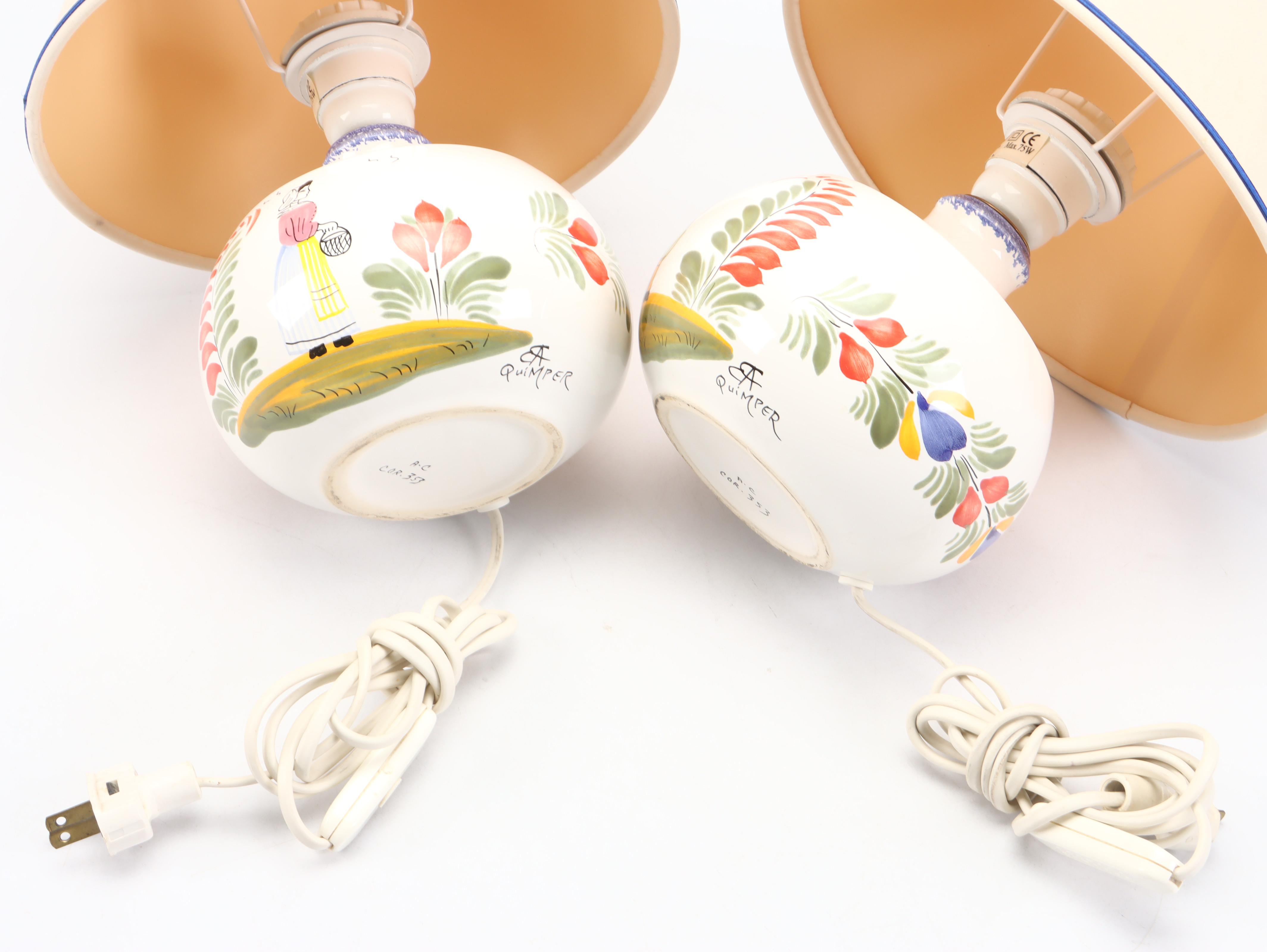Henriot Quimper Hand-Painted Ceramic Table Lamps with Bowls