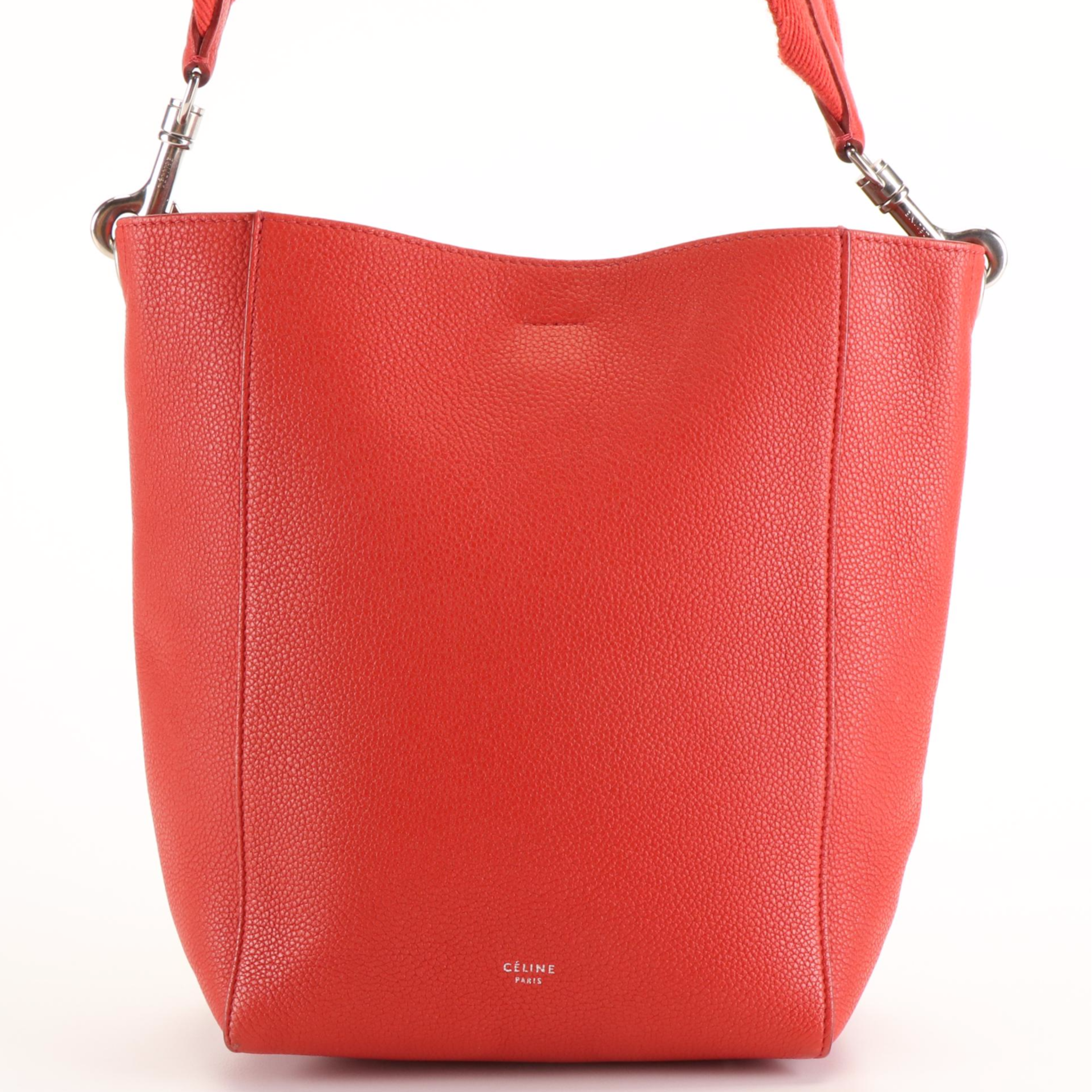 Celine Small Seau Sangle Shoulder Bag in Red Grained Calfskin Leather