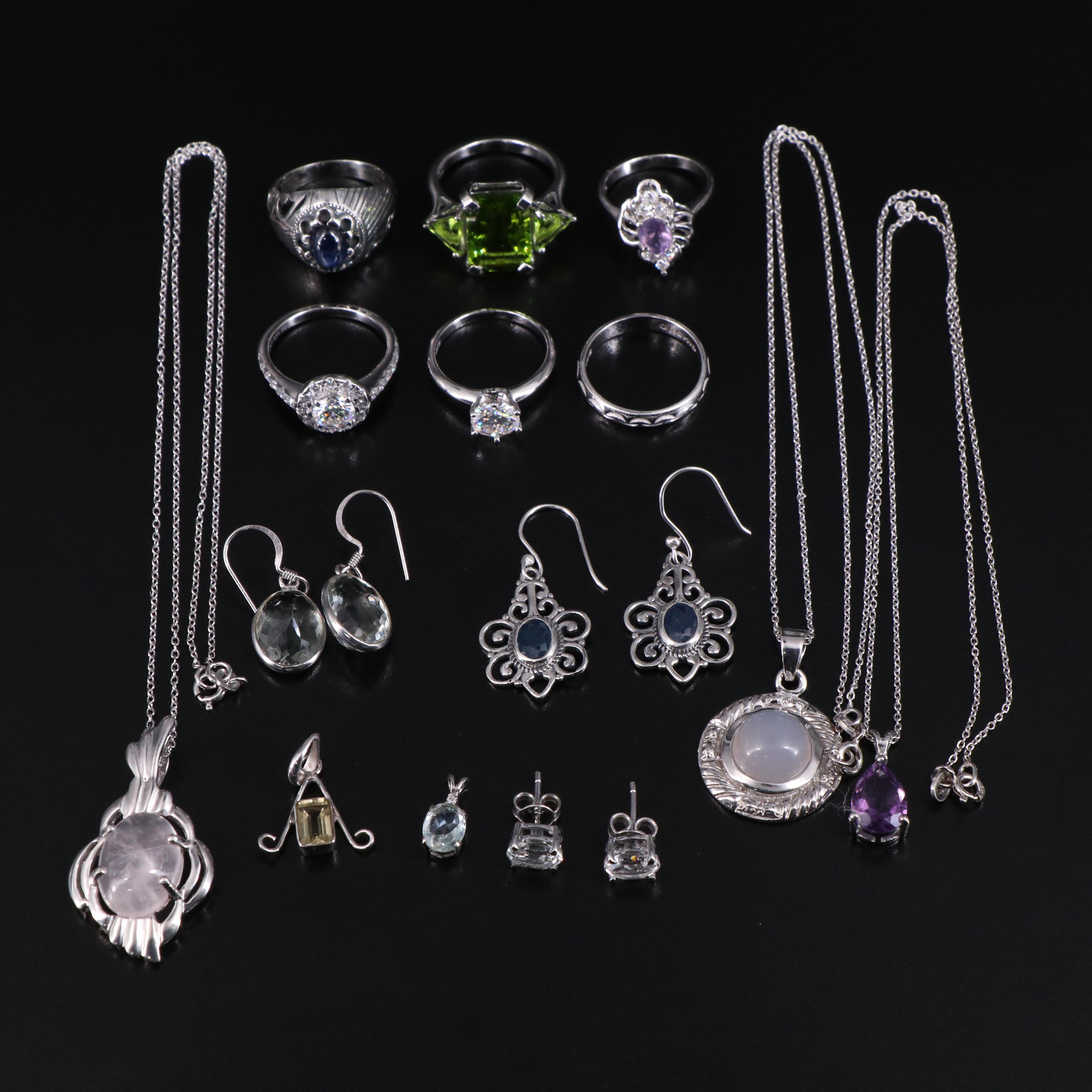 14 Assorted Sterling Silver Rings, Necklaces, Earrings, and Pendants