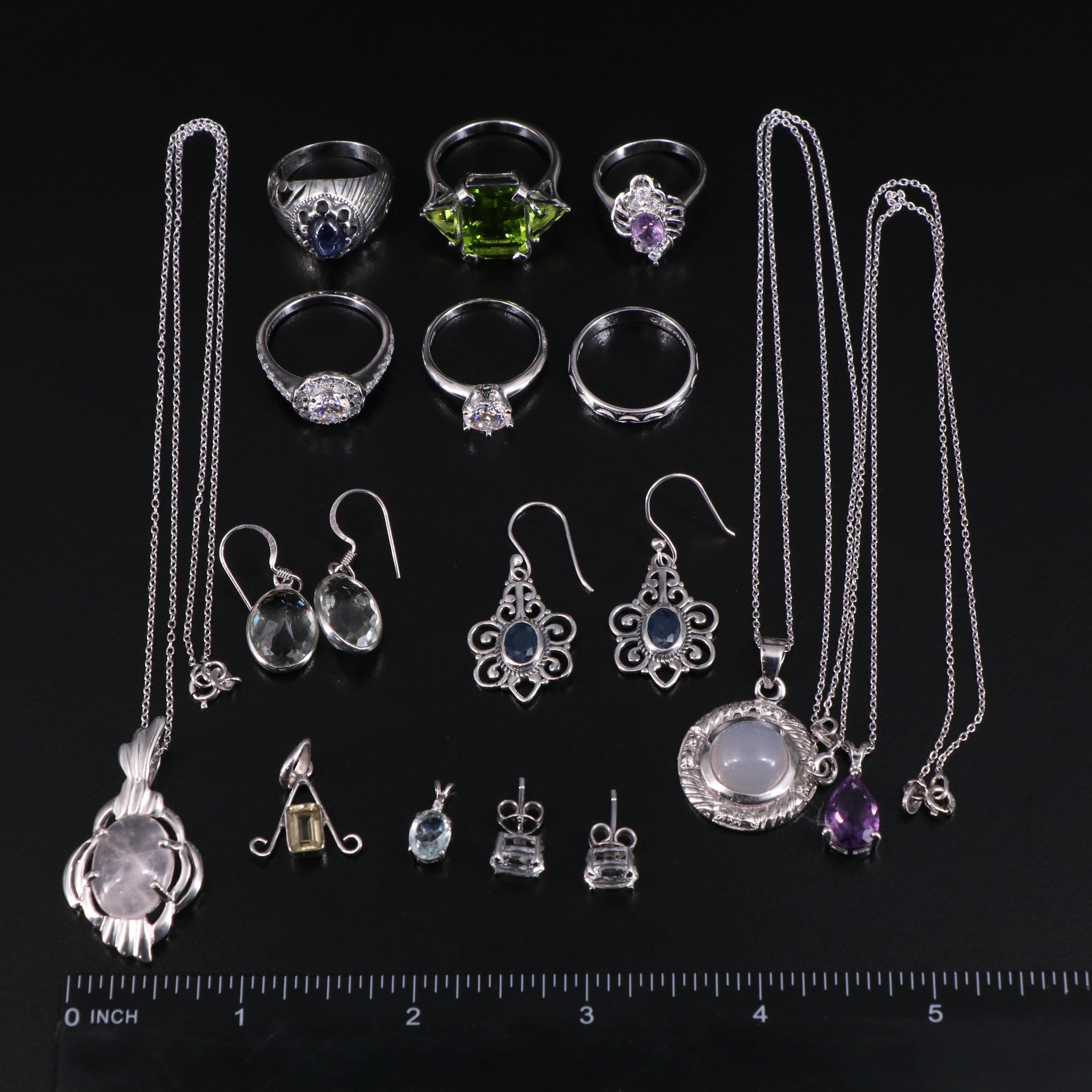 14 Assorted Sterling Silver Rings, Necklaces, Earrings, and Pendants