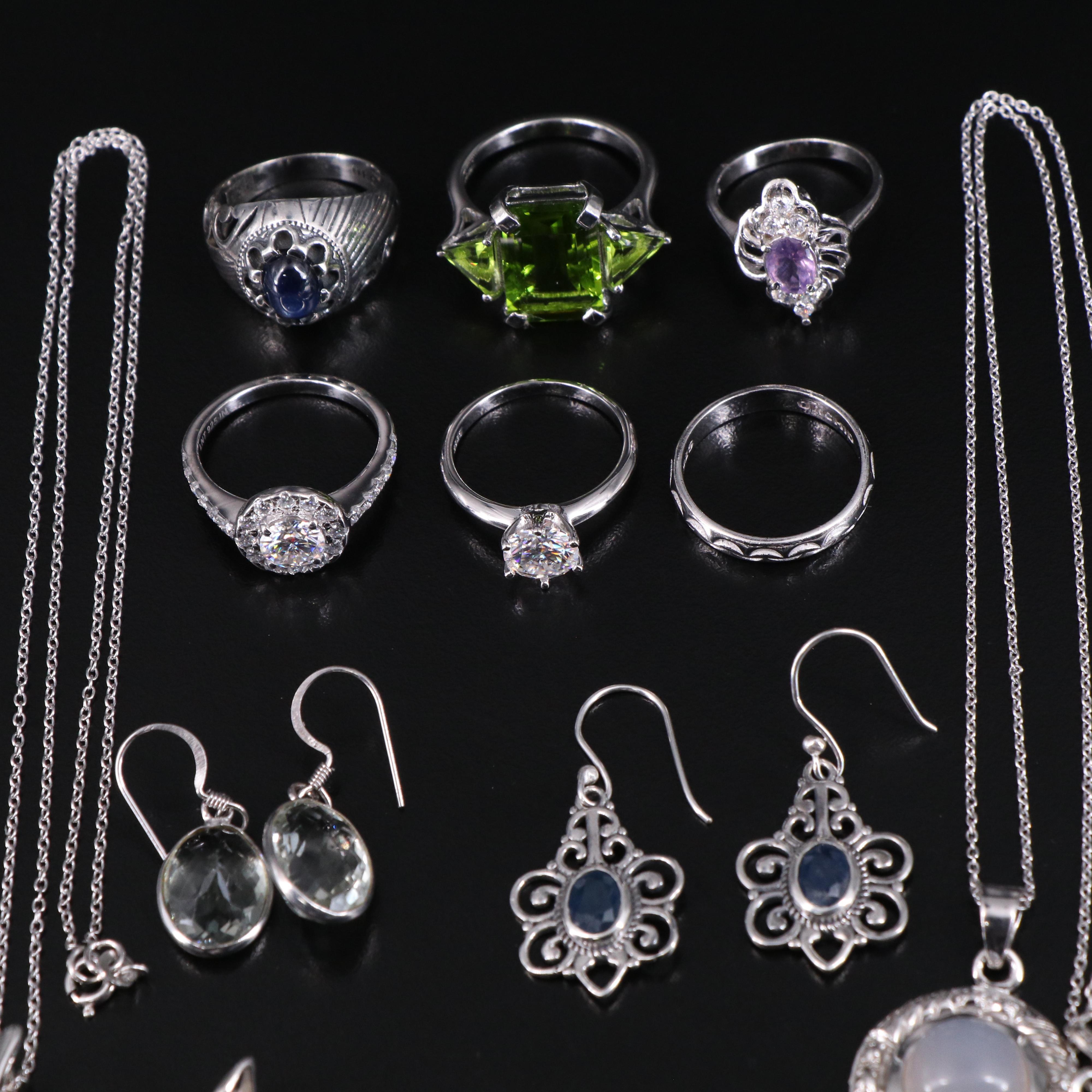 14 Assorted Sterling Silver Rings, Necklaces, Earrings, and Pendants