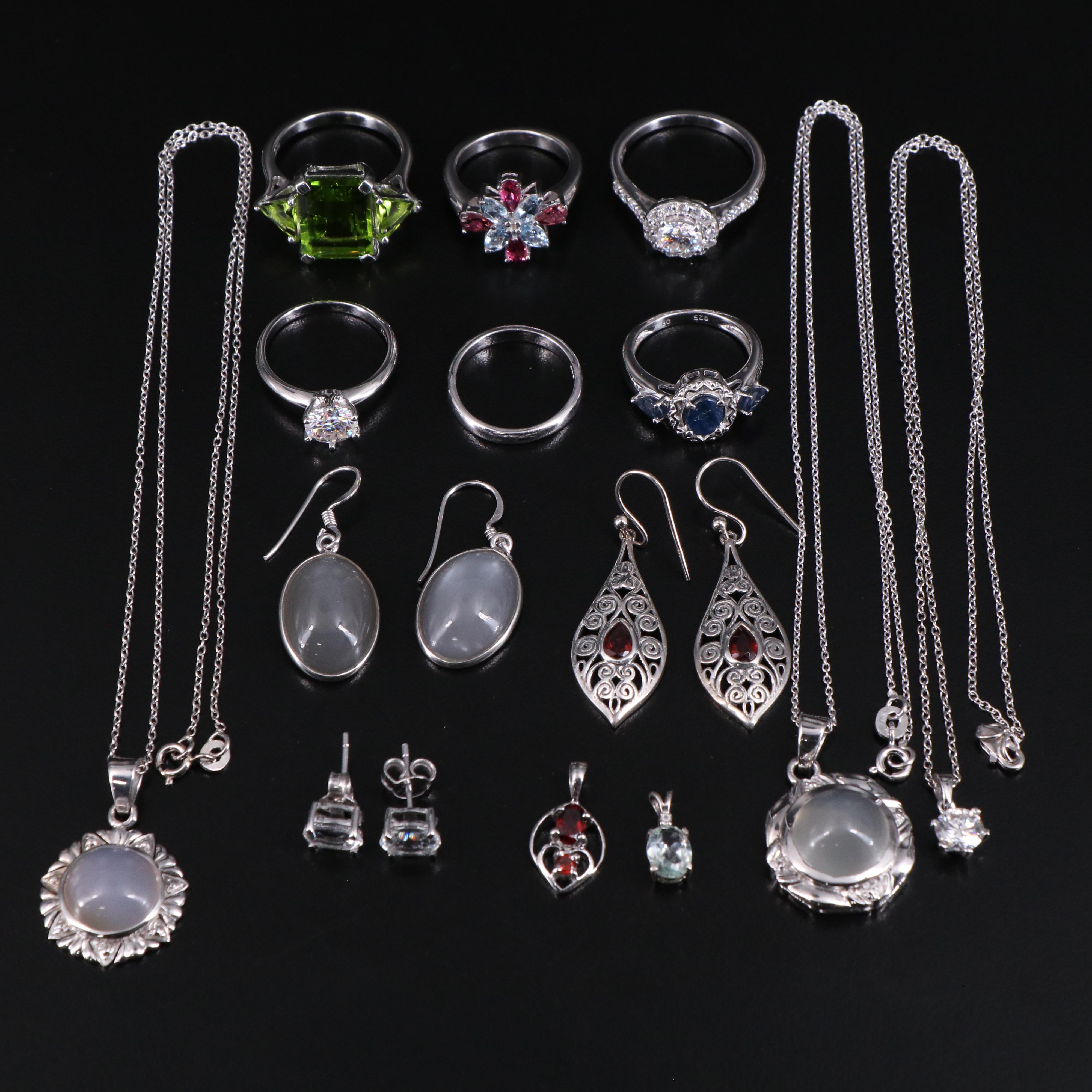 14 Assorted Sterling Silver Rings, Necklaces, Earrings, and Pendants