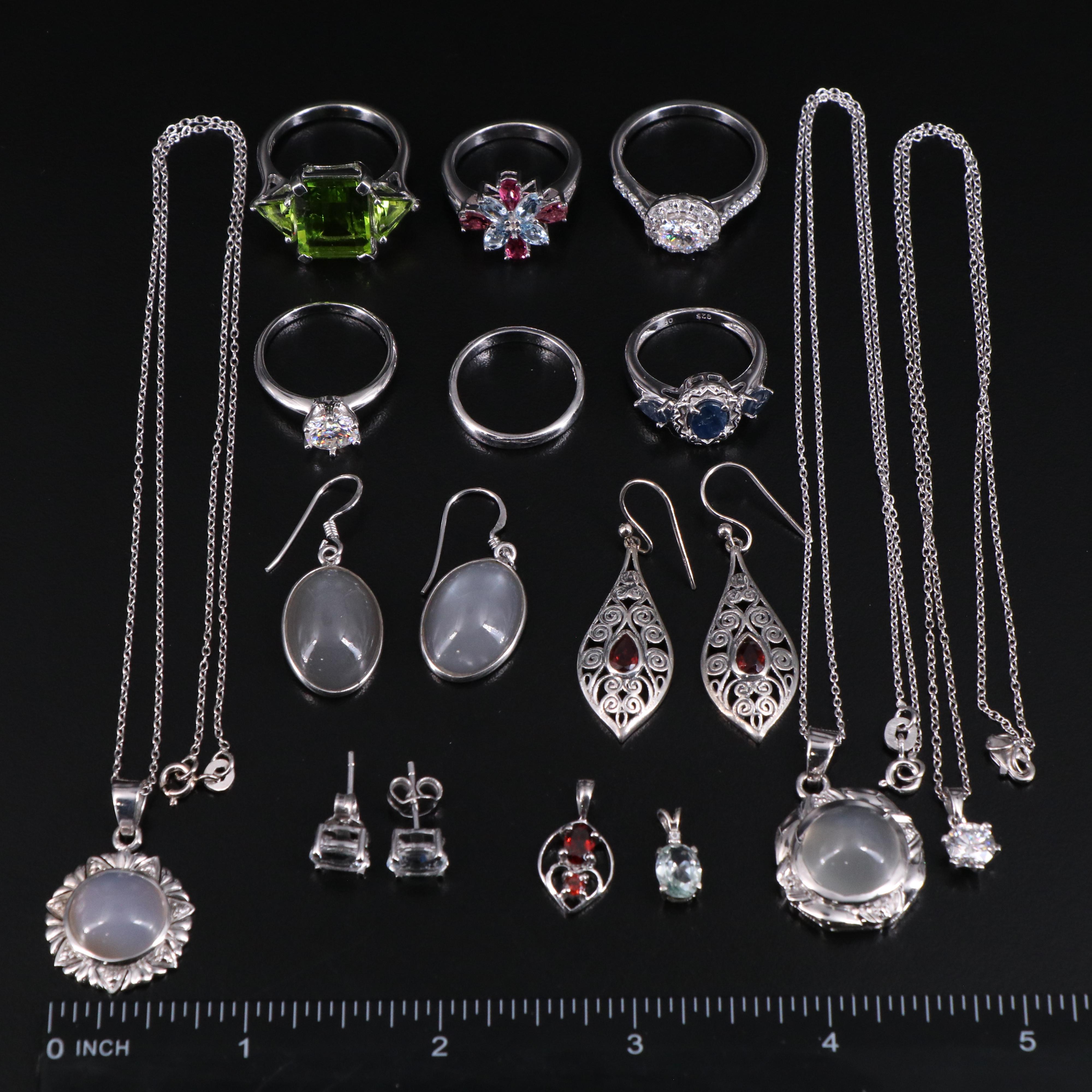 14 Assorted Sterling Silver Rings, Necklaces, Earrings, and Pendants