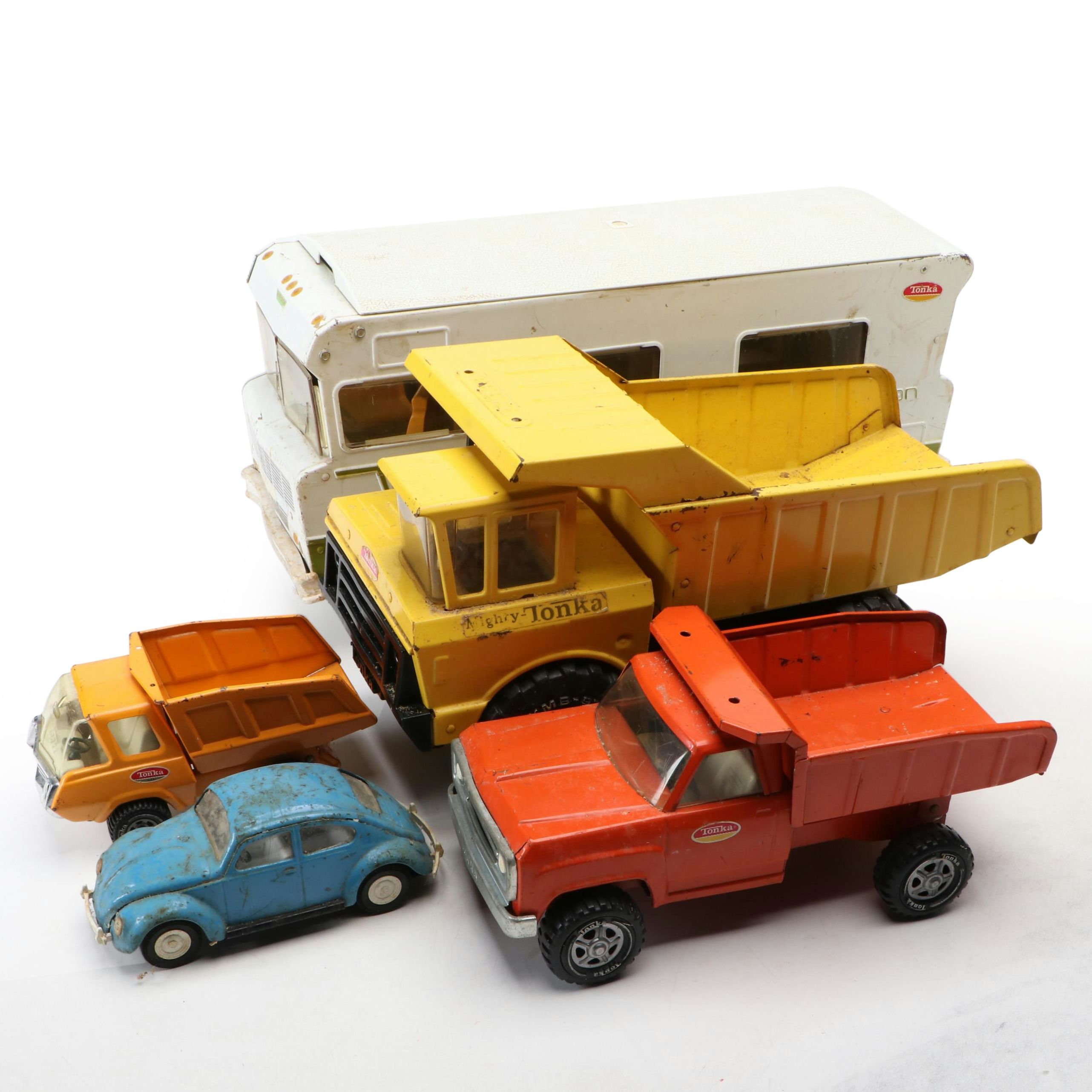 Tonka Winnebago Indian RV Camper, Volkswagen Beetle and Dump Trucks