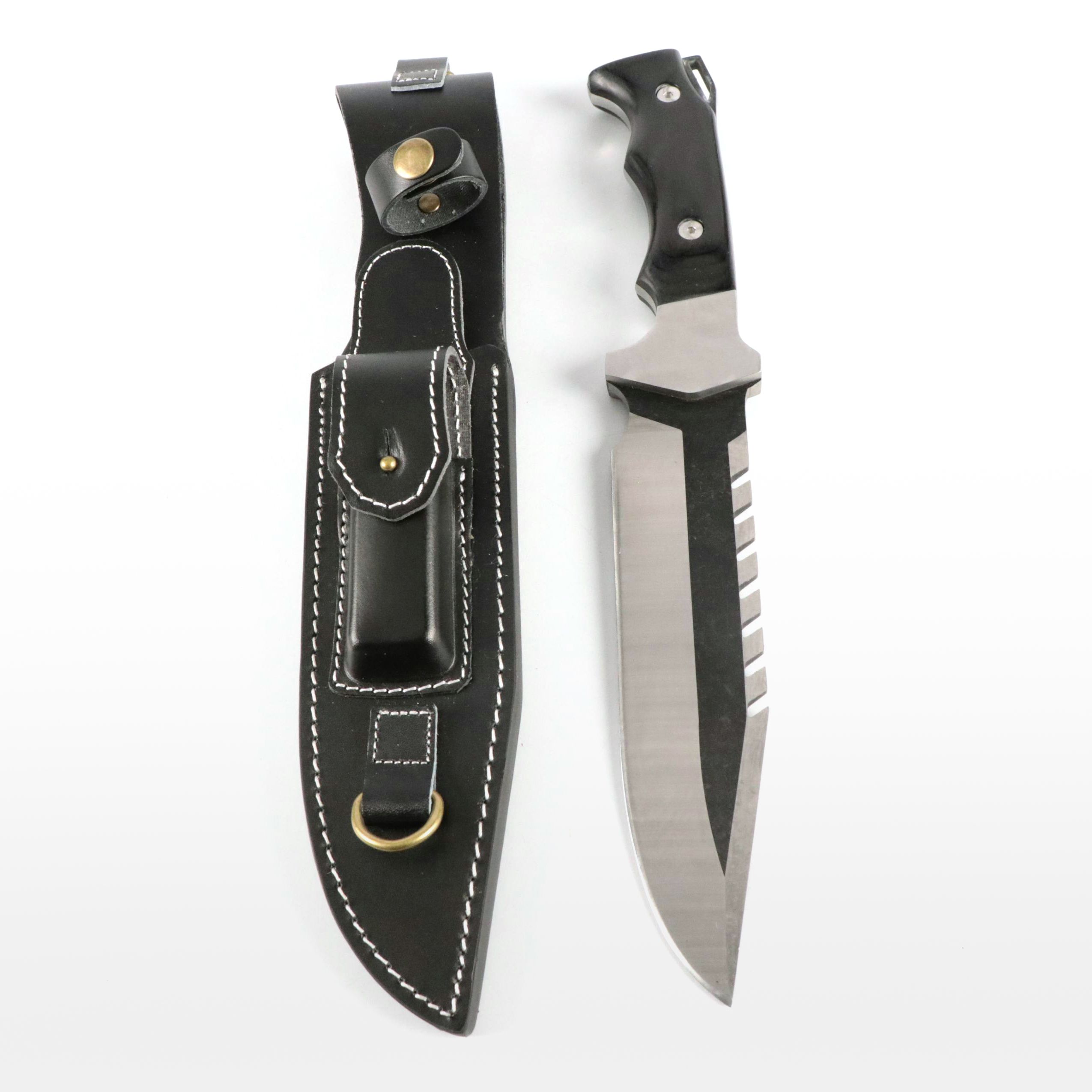 Aodunma Knives Black Wooden Handled Fixed Blade Knife in Leather Scabbard