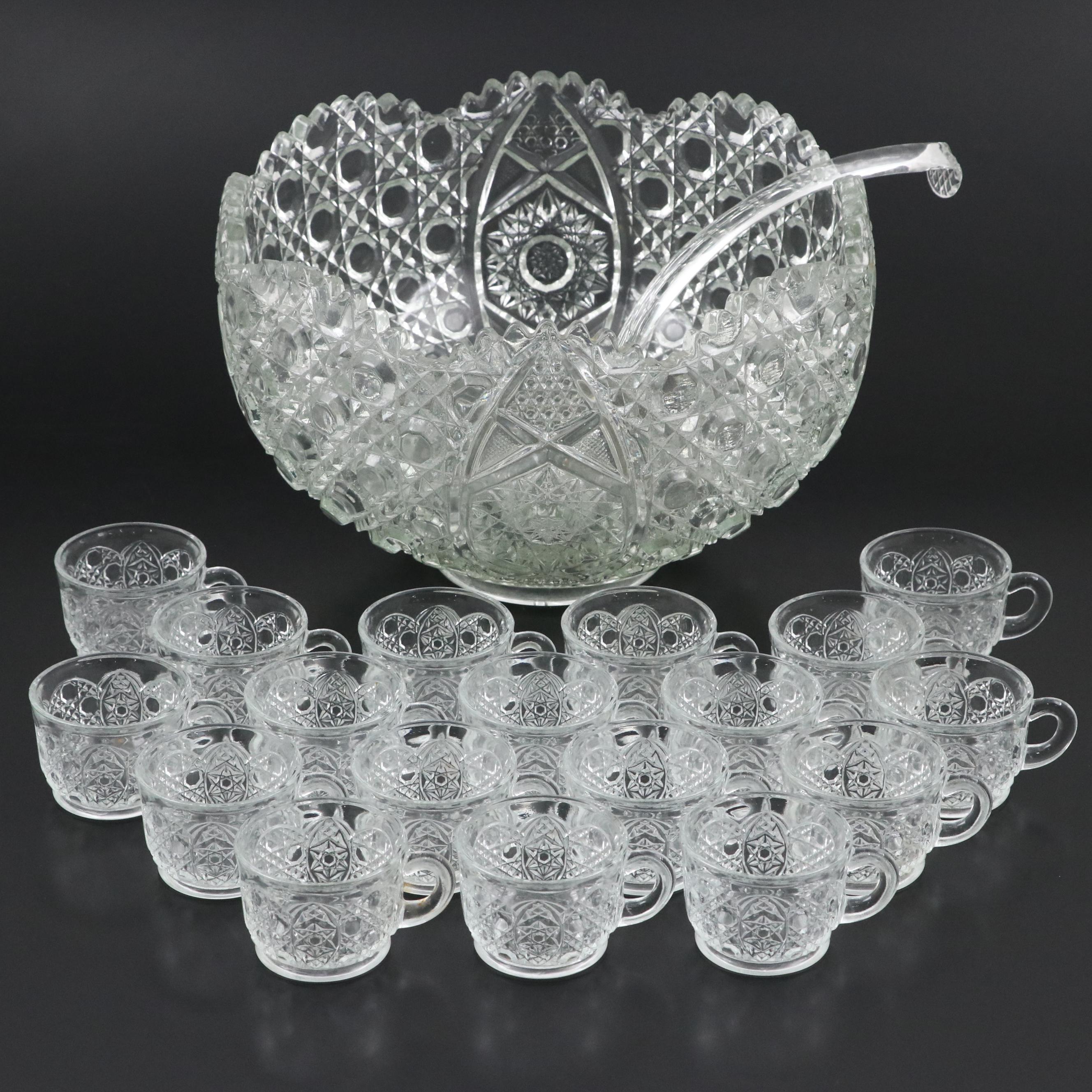 American Brilliant Style Glass Punch Bowl Set, Early to Mid-20th Century