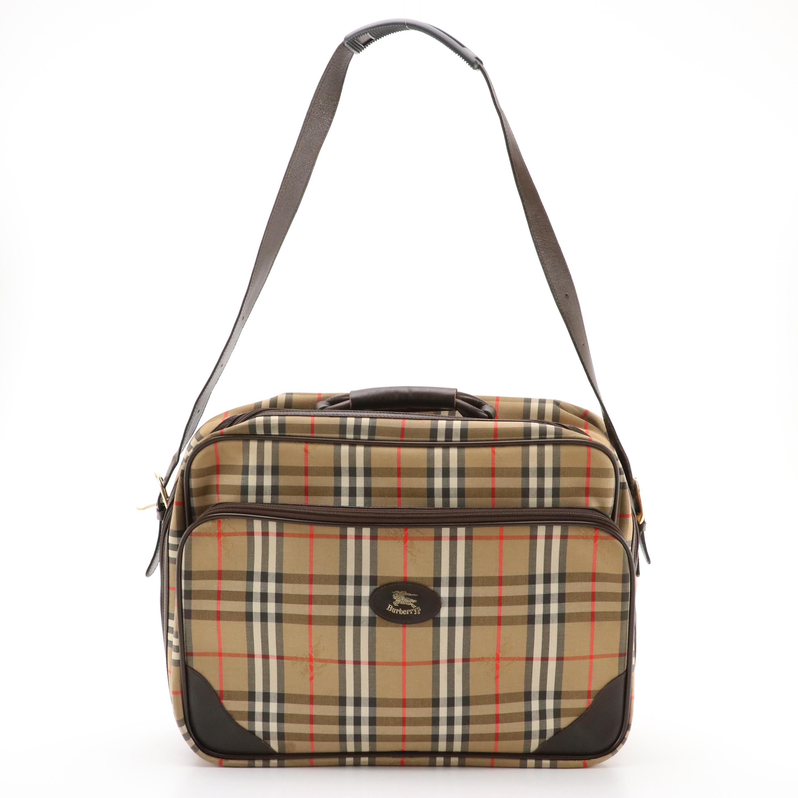 Burberrys Travel Crossbody Bag in Haymarket Check Canvas and Brown Leather