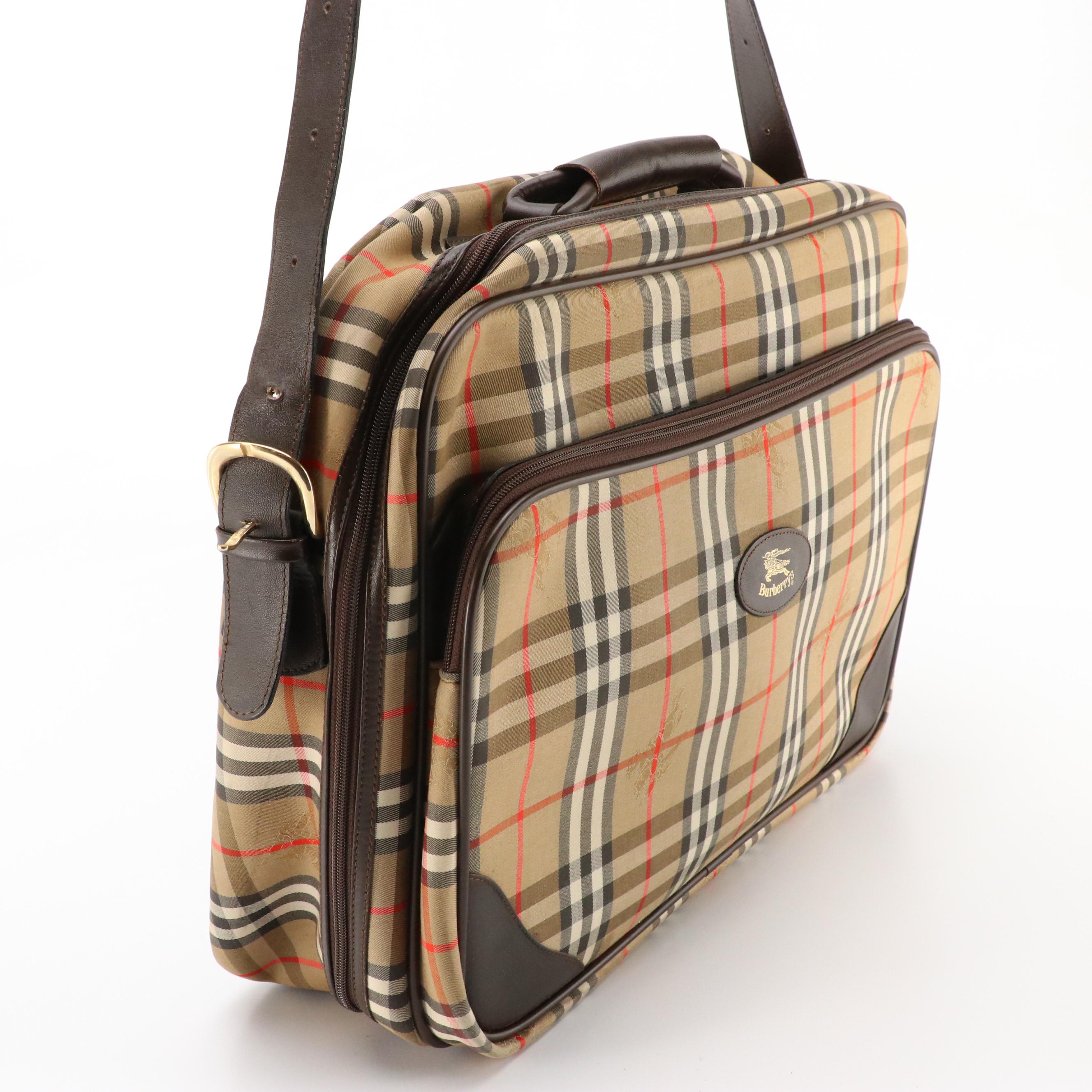 Burberrys Travel Crossbody Bag in Haymarket Check Canvas and Brown Leather