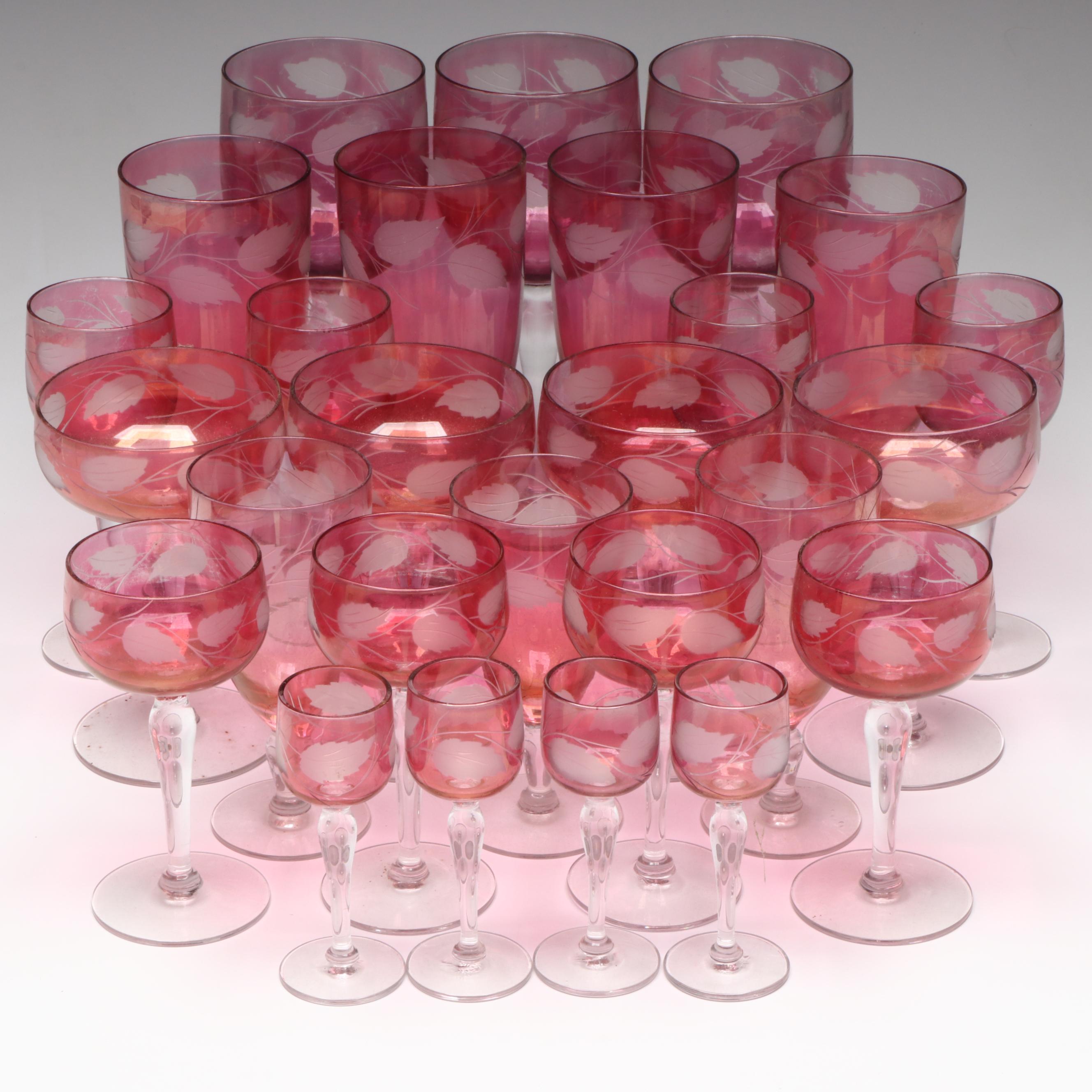 Glastonbury-Lotus Ruby Flashed Glass Stemware with Leaf Motif