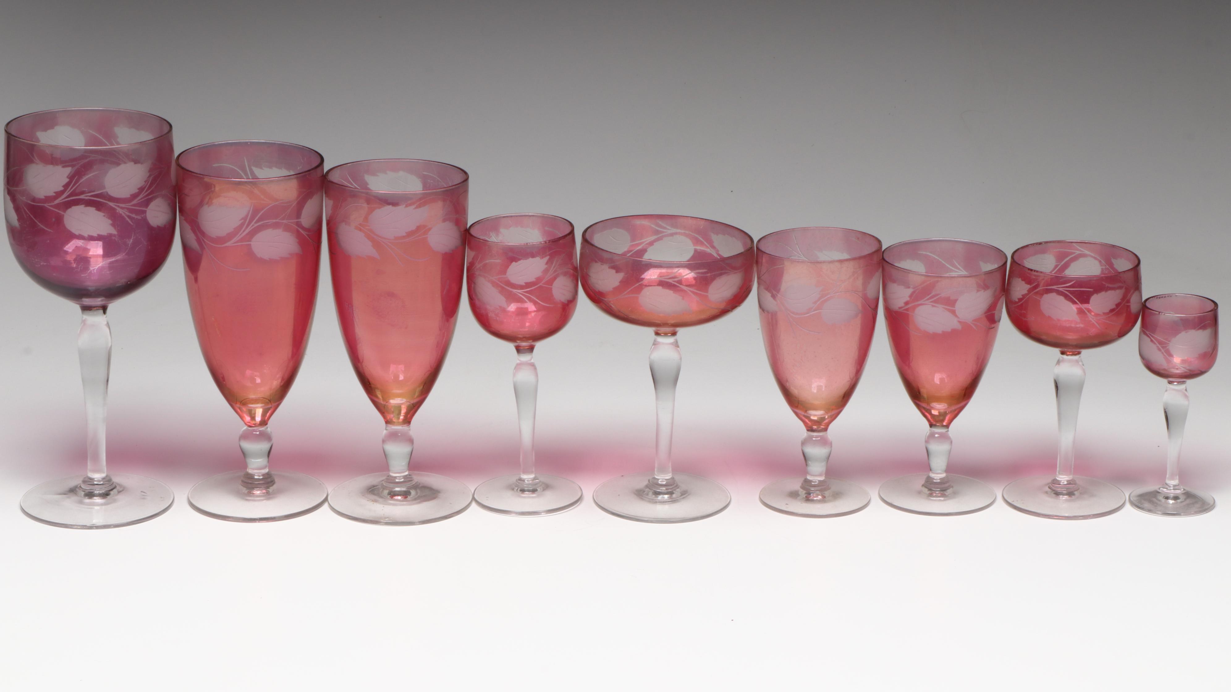 Glastonbury-Lotus Ruby Flashed Glass Stemware with Leaf Motif