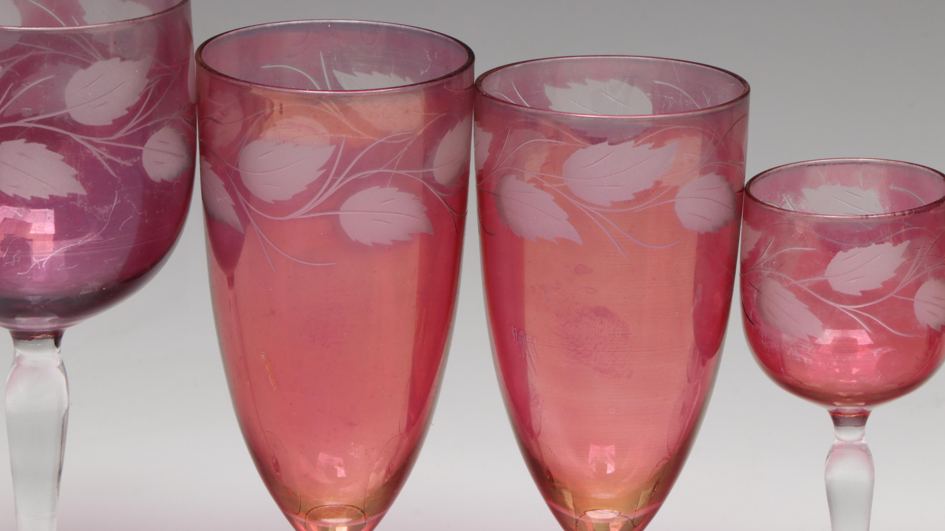Glastonbury-Lotus Ruby Flashed Glass Stemware with Leaf Motif
