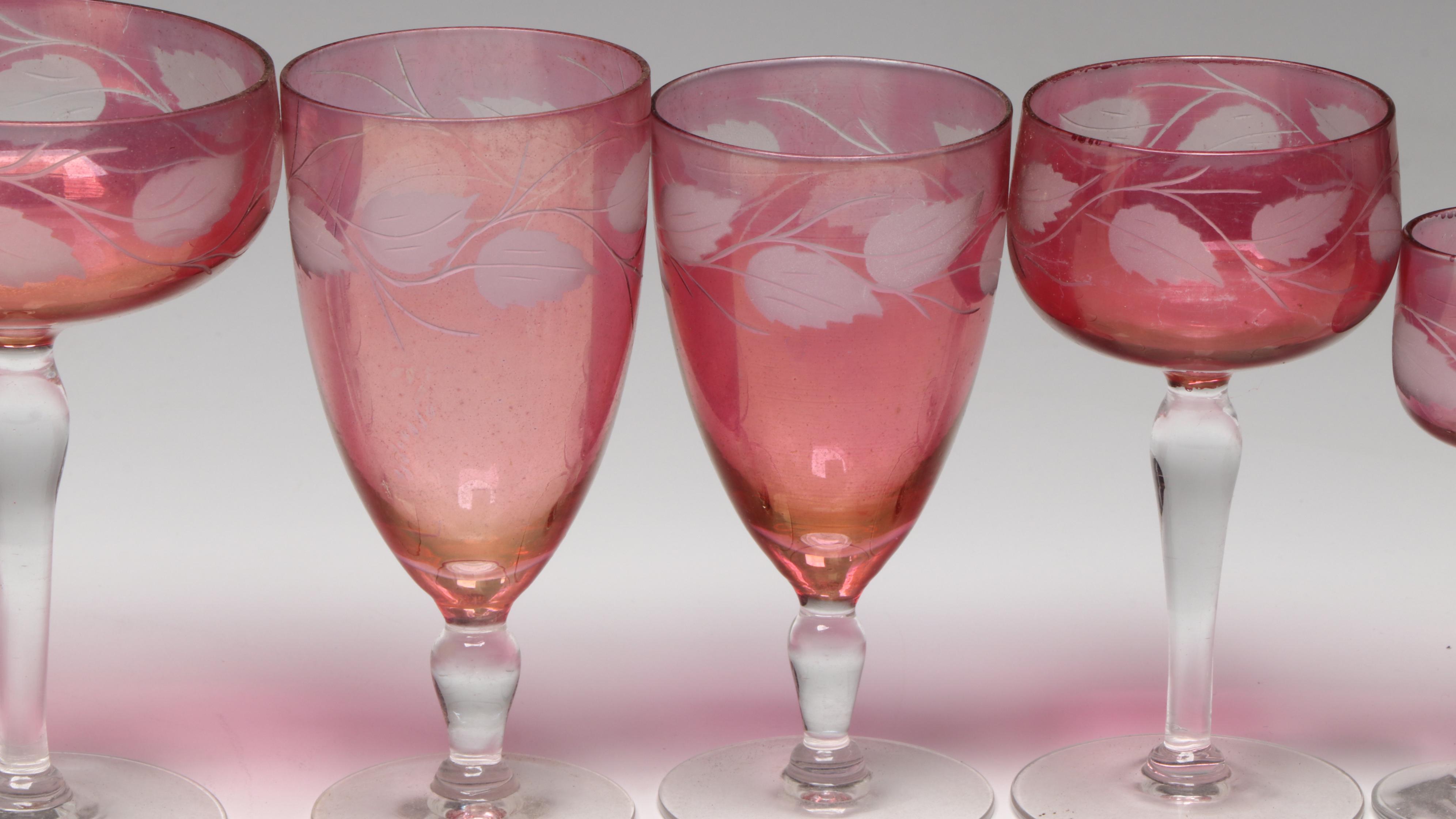 Glastonbury-Lotus Ruby Flashed Glass Stemware with Leaf Motif