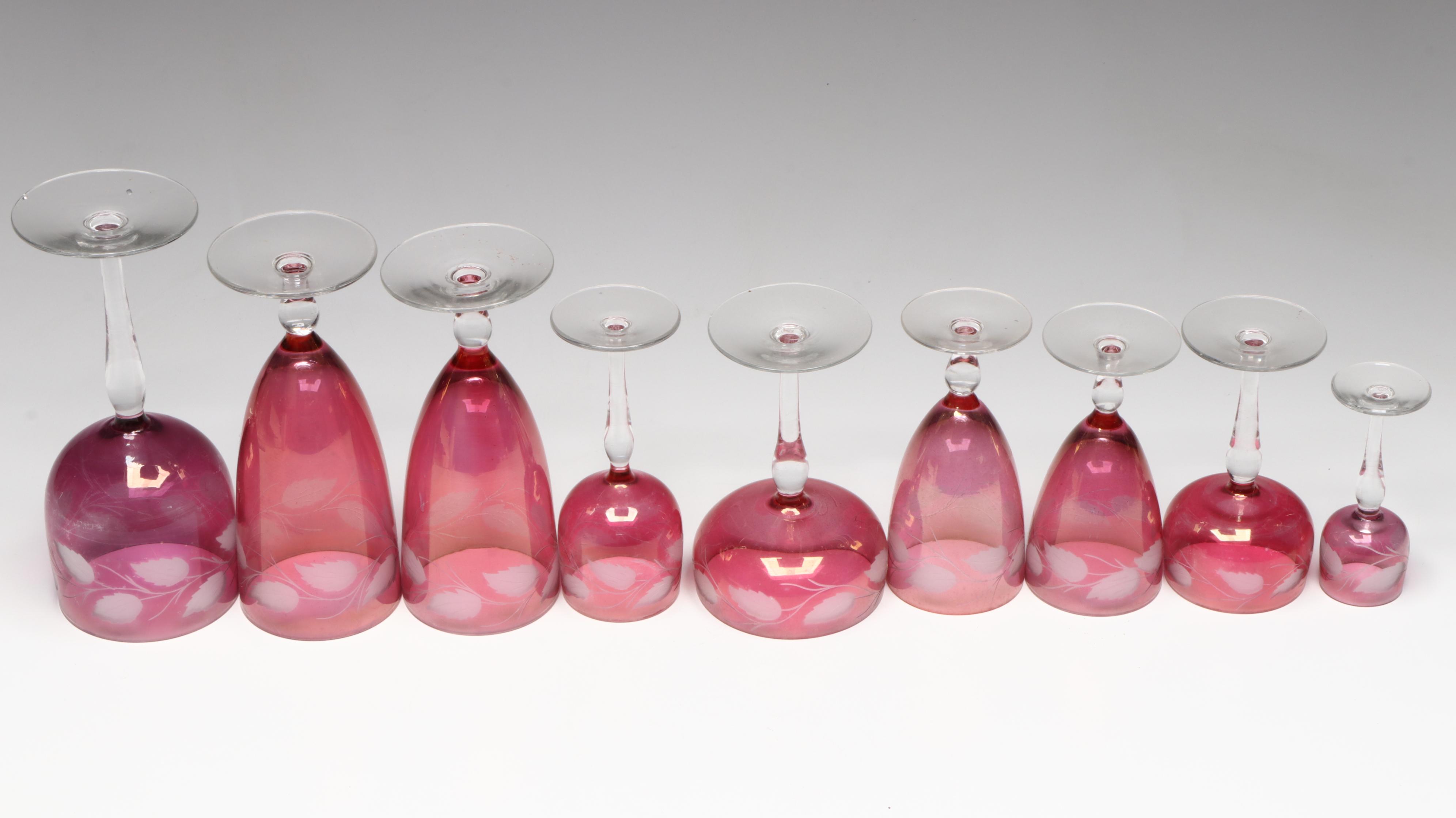 Glastonbury-Lotus Ruby Flashed Glass Stemware with Leaf Motif