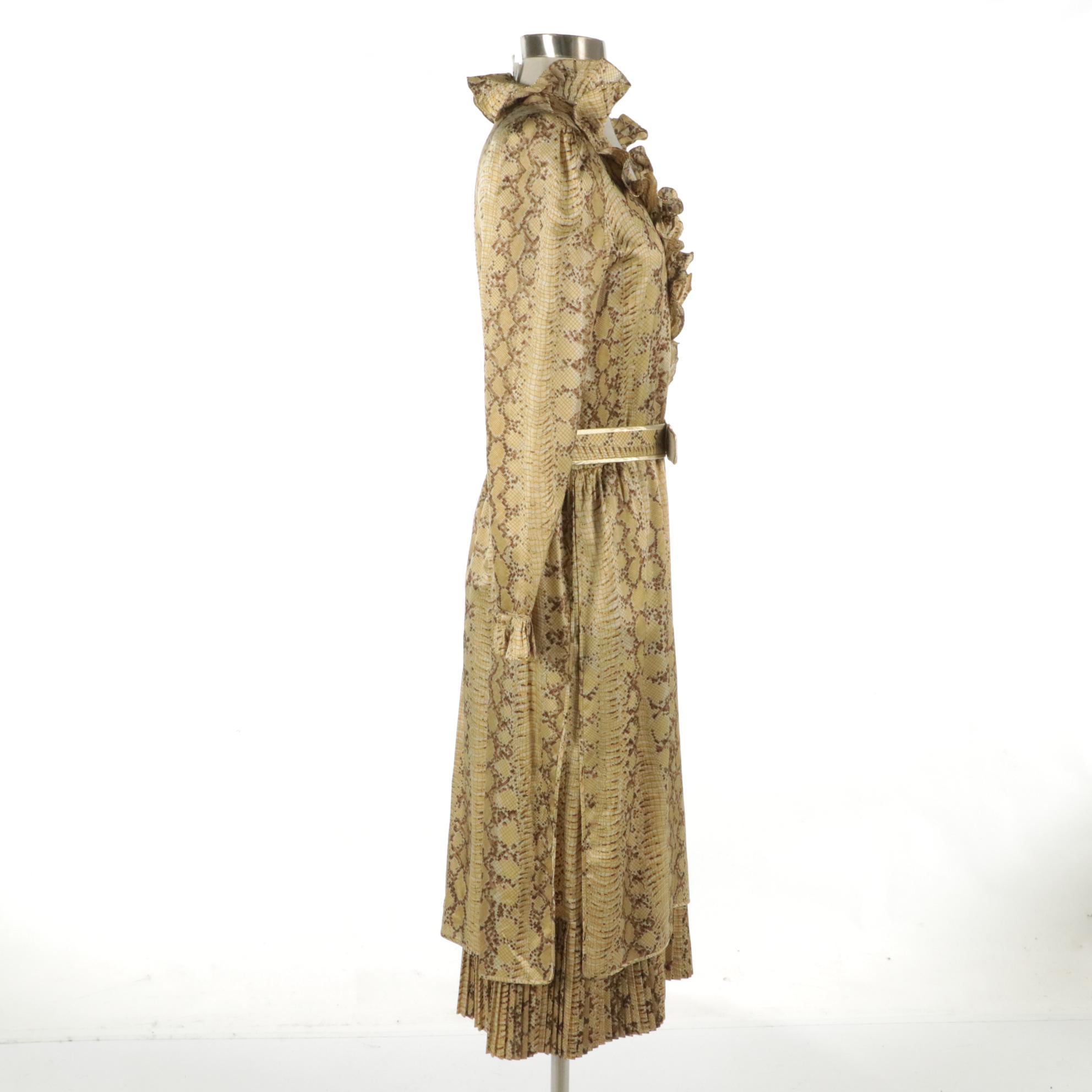 Enzo Russo Snakeskin Silk Long-Sleeve Midi Dress with Ruffle/Pleated Details