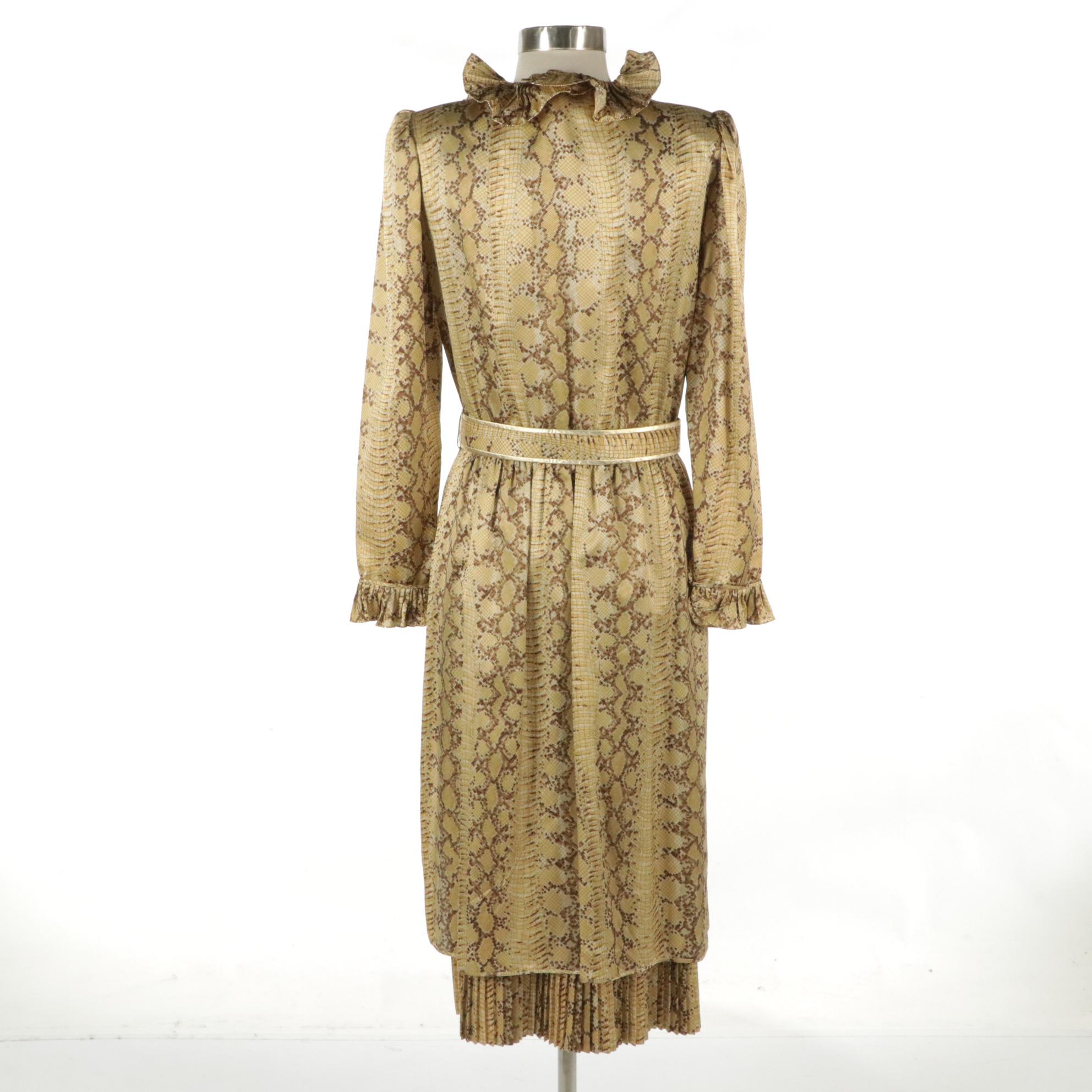 Enzo Russo Snakeskin Silk Long-Sleeve Midi Dress with Ruffle/Pleated Details