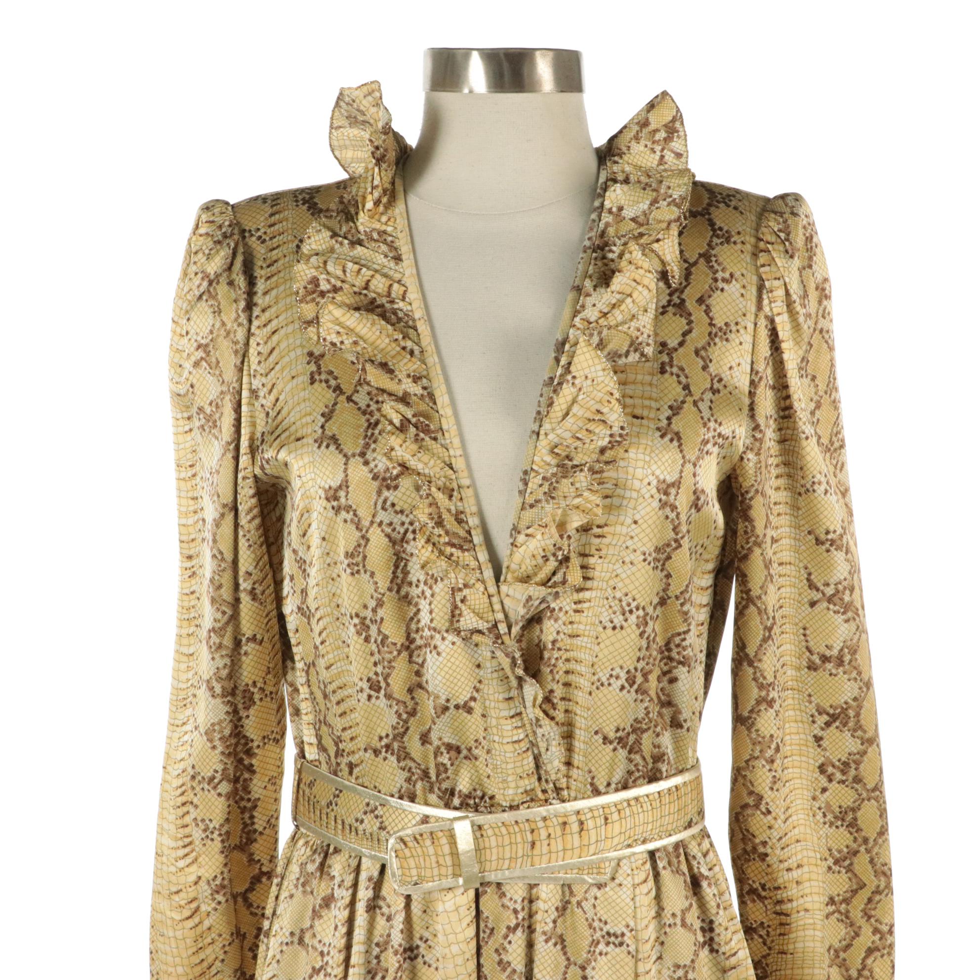 Enzo Russo Snakeskin Silk Long-Sleeve Midi Dress with Ruffle/Pleated Details