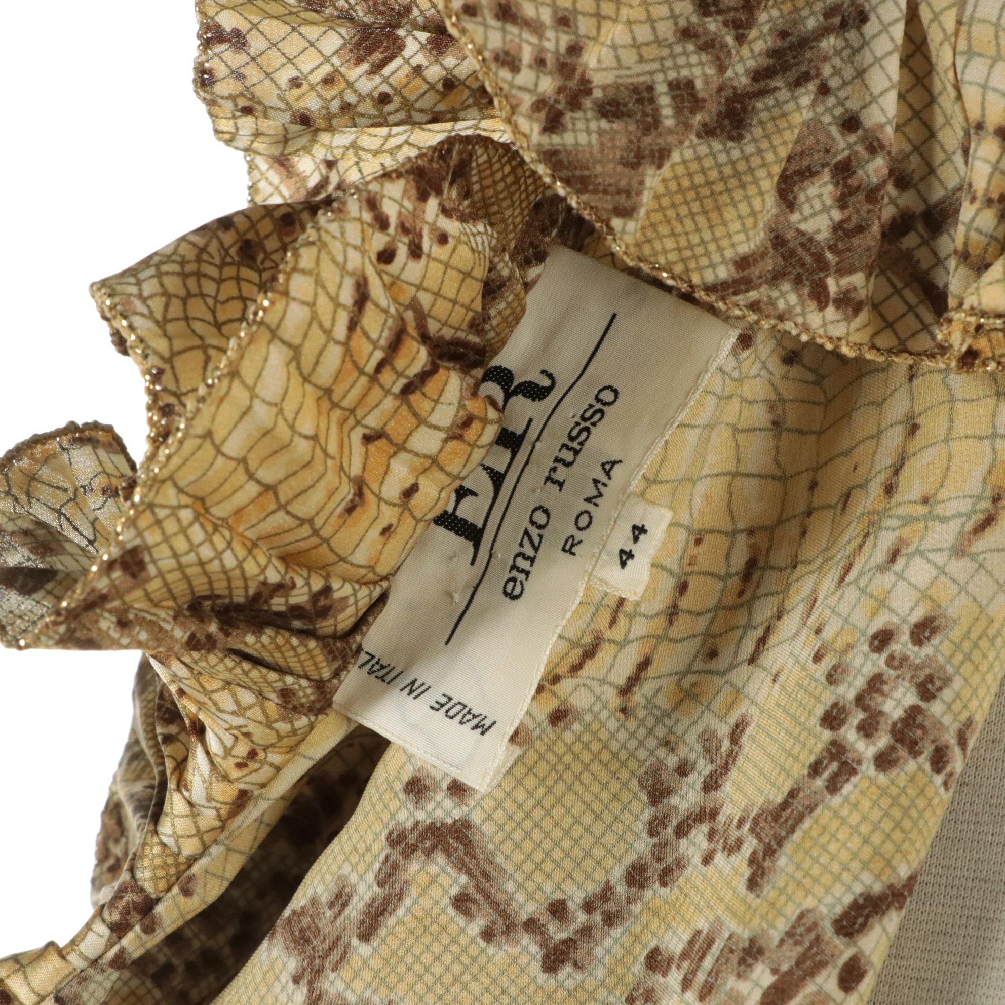 Enzo Russo Snakeskin Silk Long-Sleeve Midi Dress with Ruffle/Pleated Details