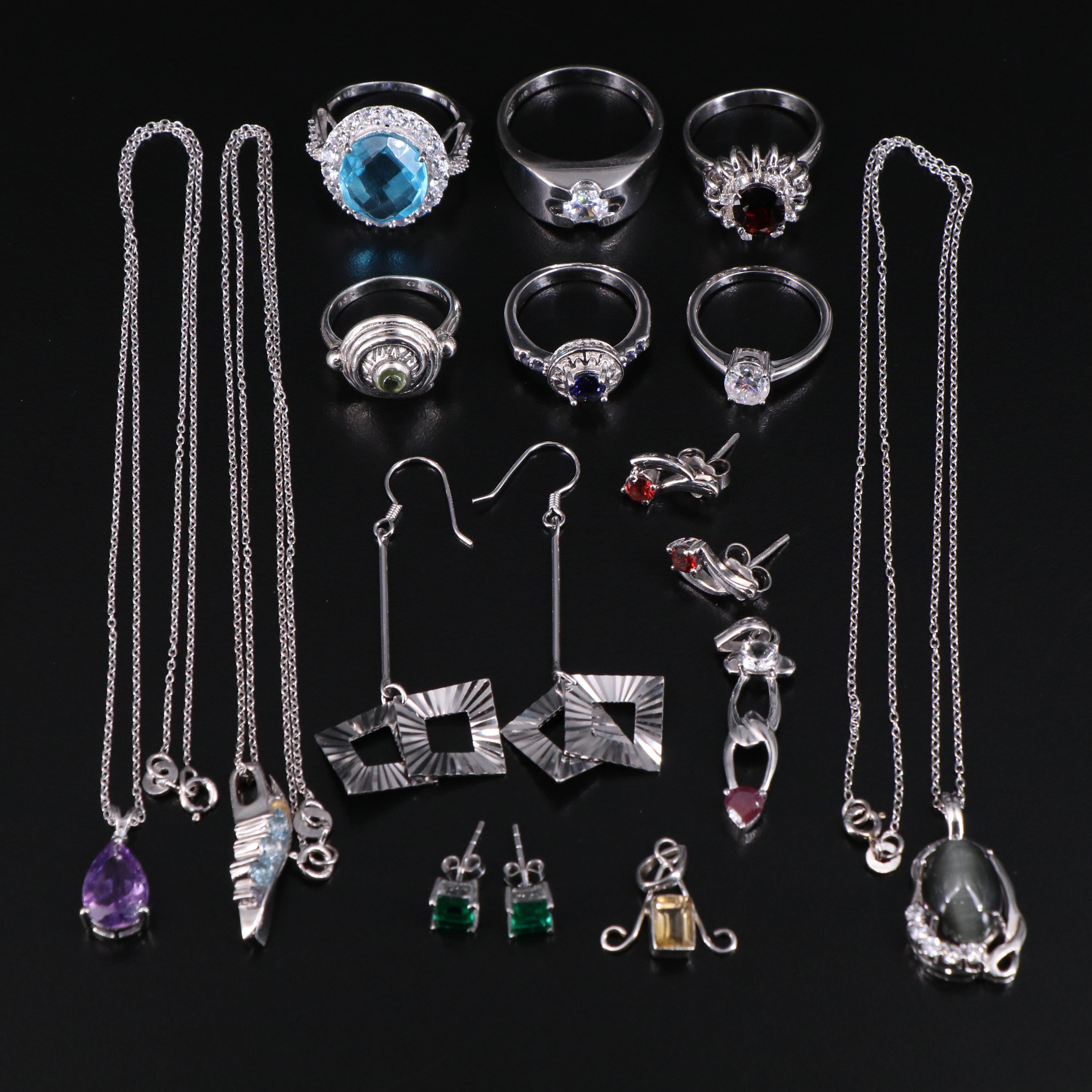 14 Assorted Sterling Silver Rings, Necklaces, Earrings, and Pendants