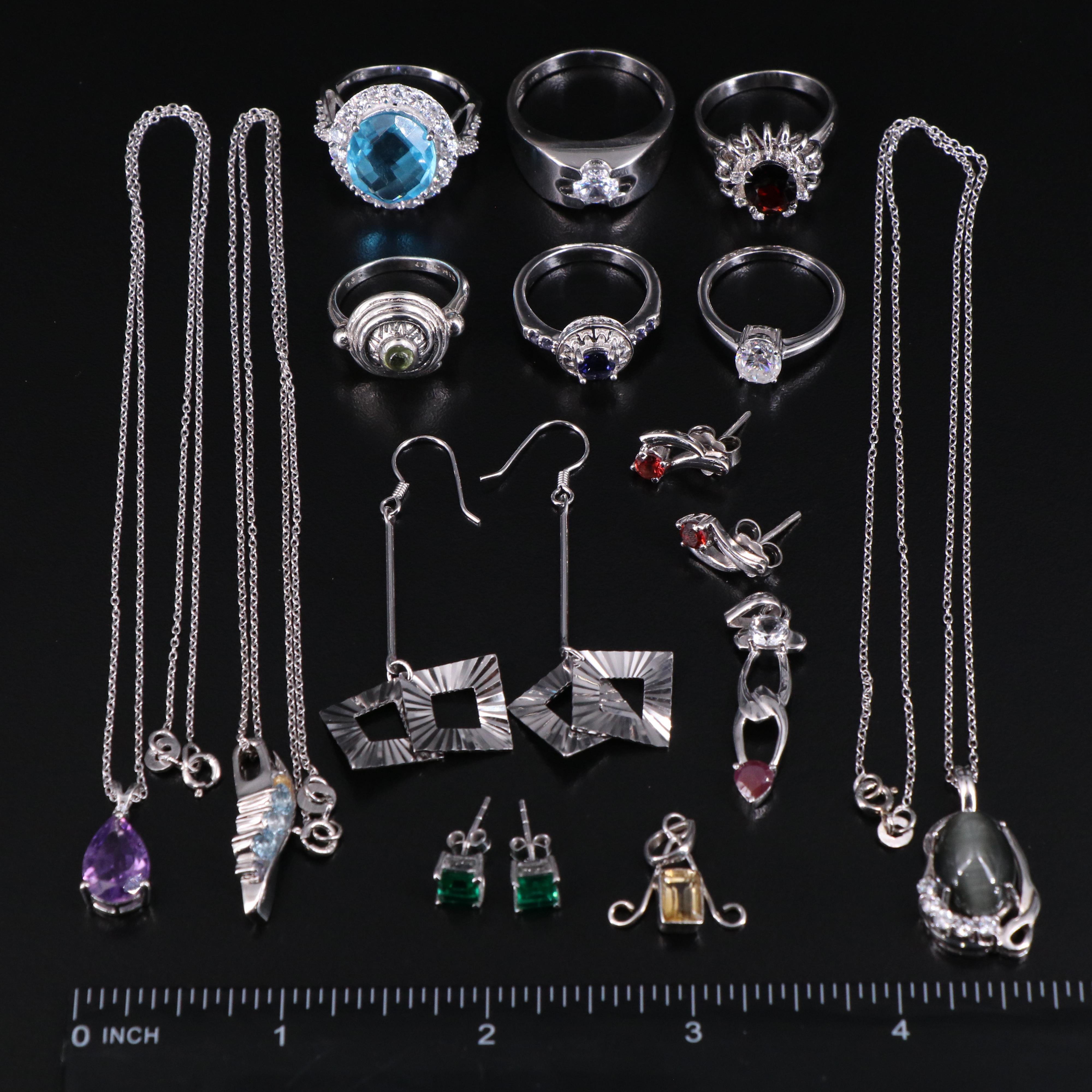14 Assorted Sterling Silver Rings, Necklaces, Earrings, and Pendants
