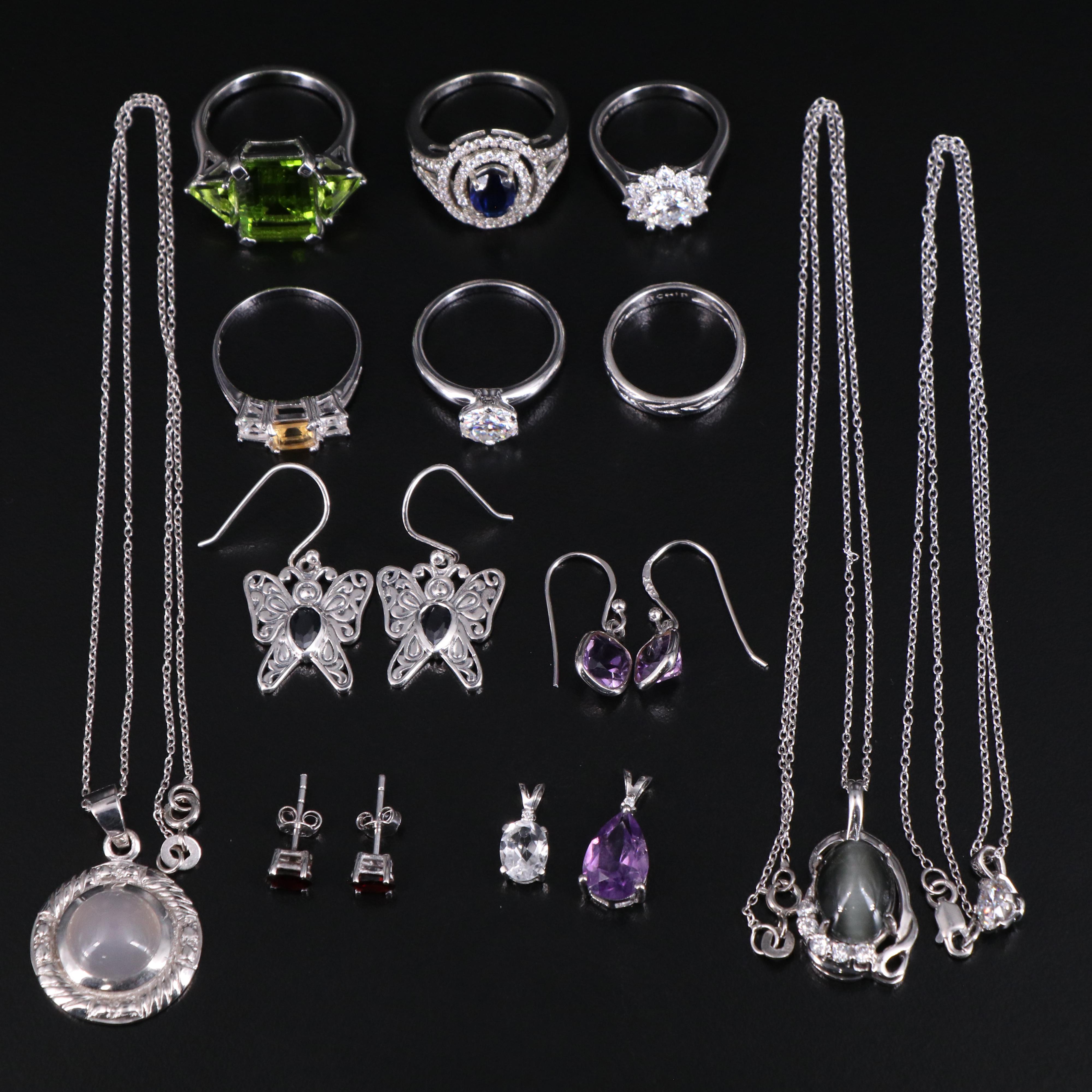 14 Assorted Sterling Silver Rings, Necklaces, Earrings, and Pendants