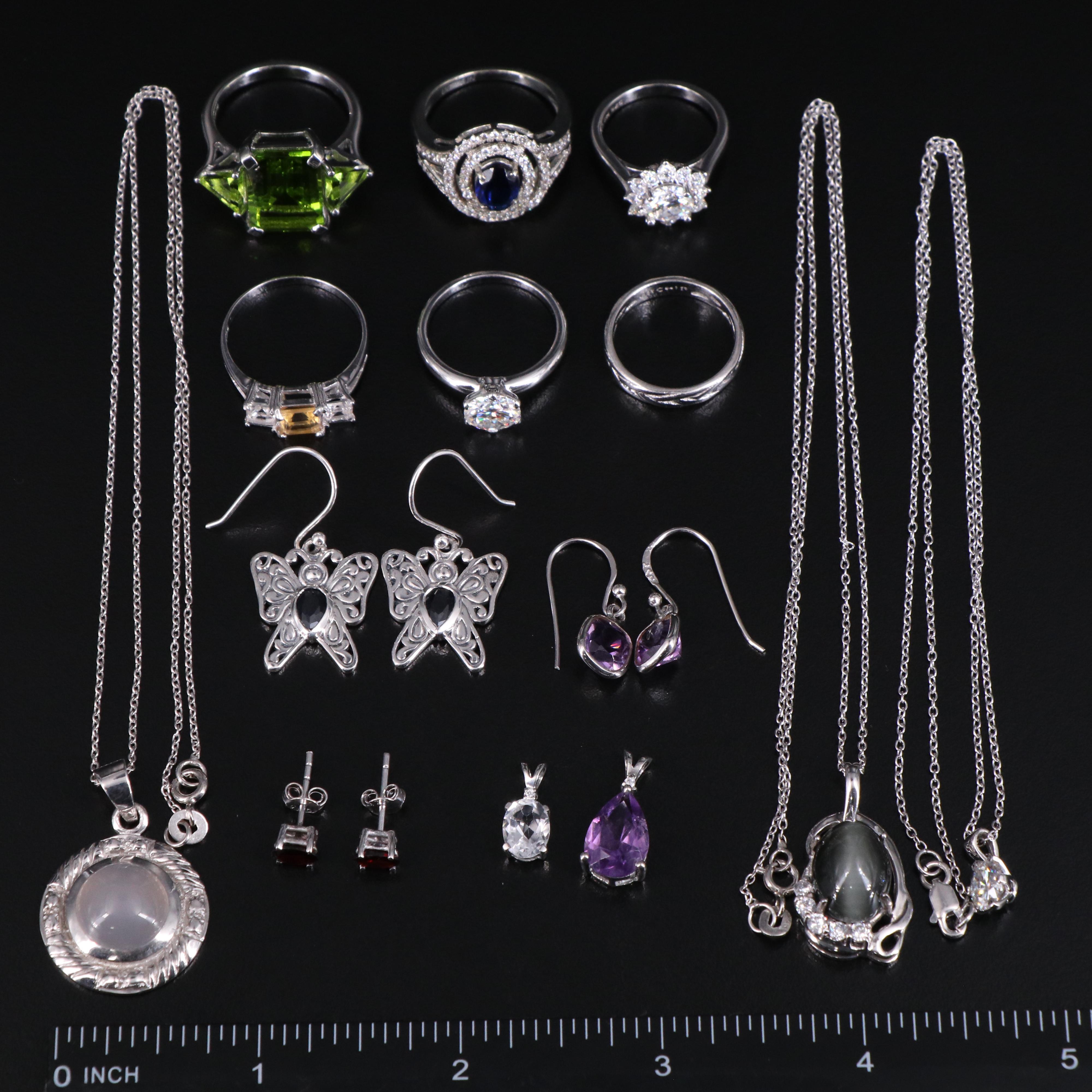 14 Assorted Sterling Silver Rings, Necklaces, Earrings, and Pendants