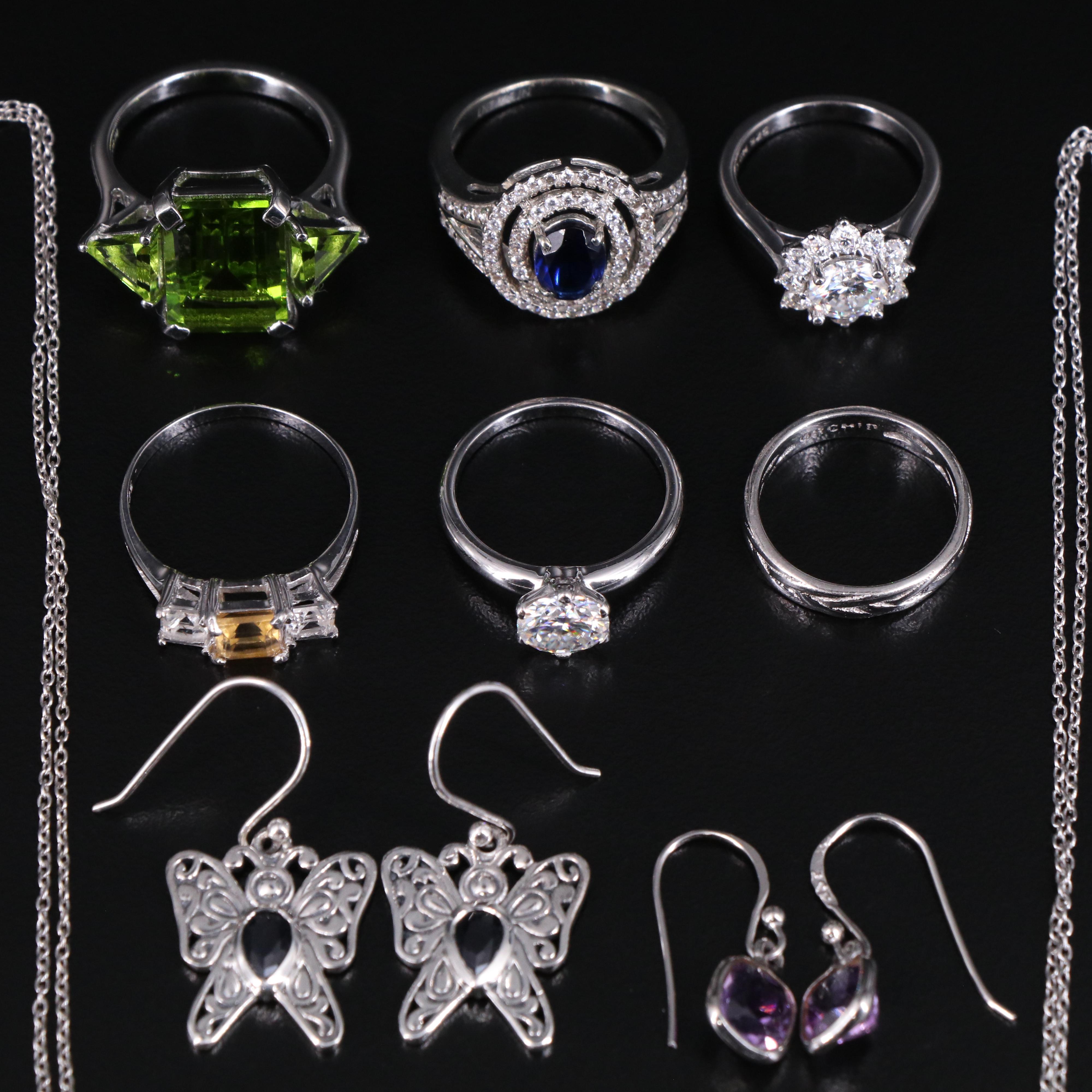 14 Assorted Sterling Silver Rings, Necklaces, Earrings, and Pendants