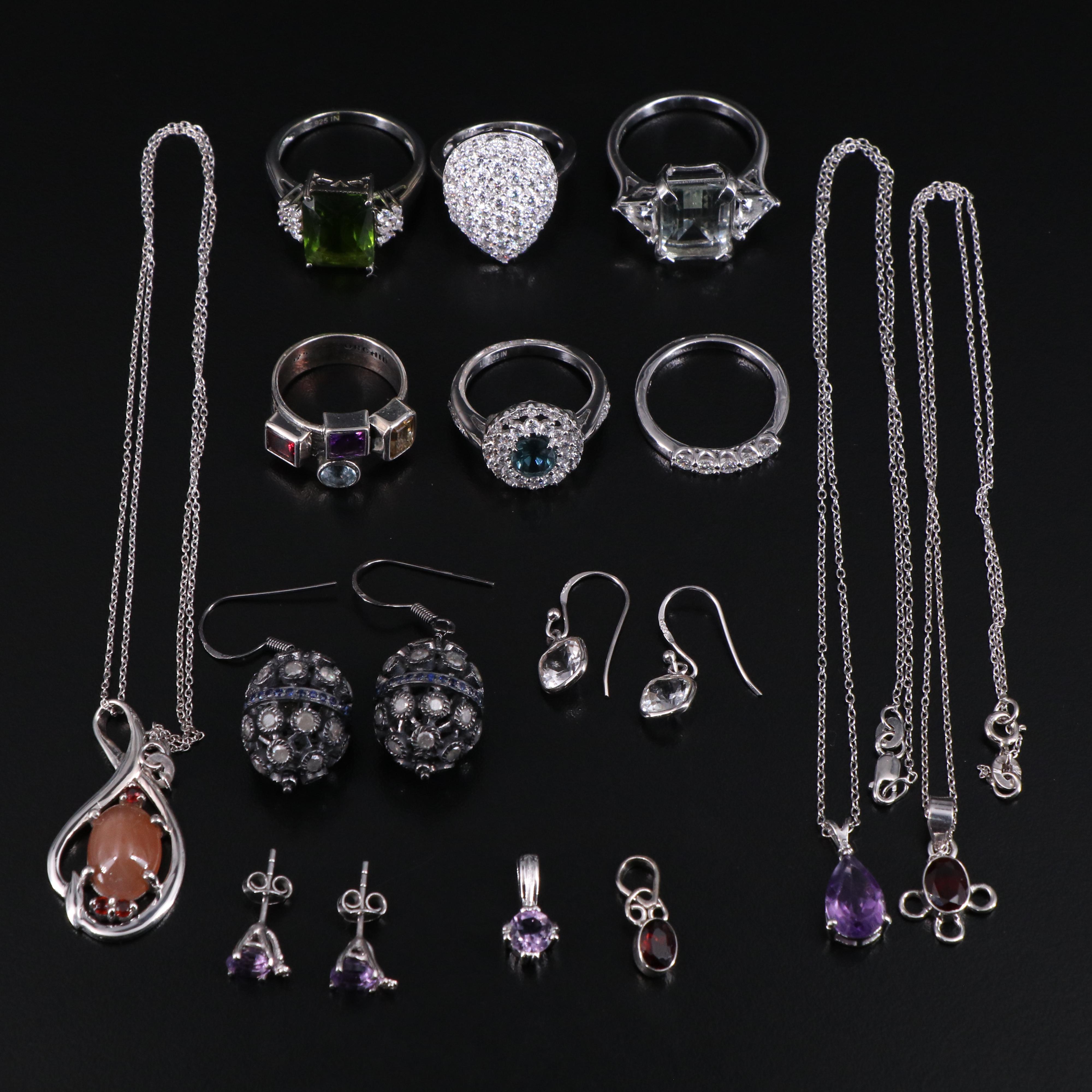 14 Assorted Sterling Silver Rings, Necklaces, Earrings, and Pendants