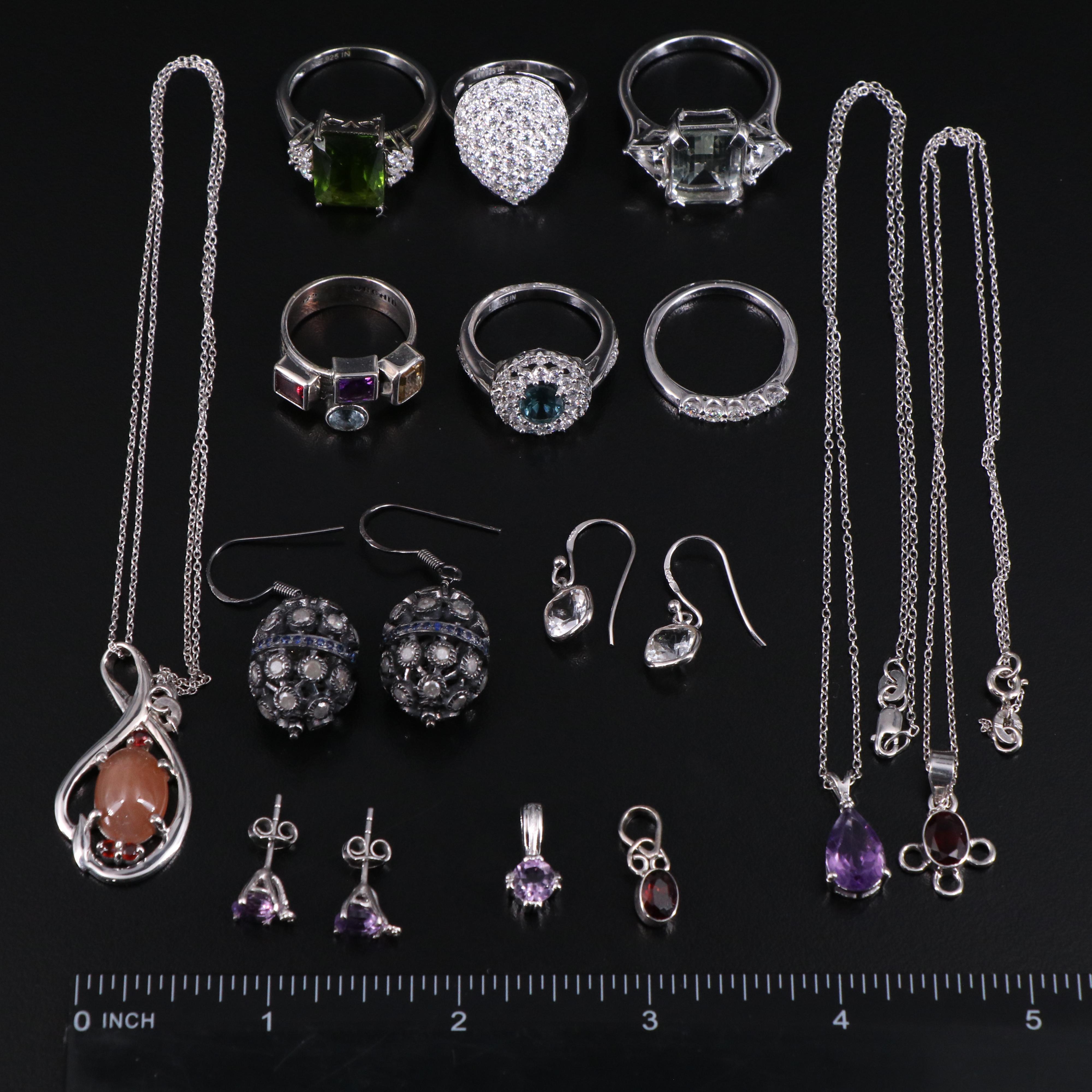 14 Assorted Sterling Silver Rings, Necklaces, Earrings, and Pendants