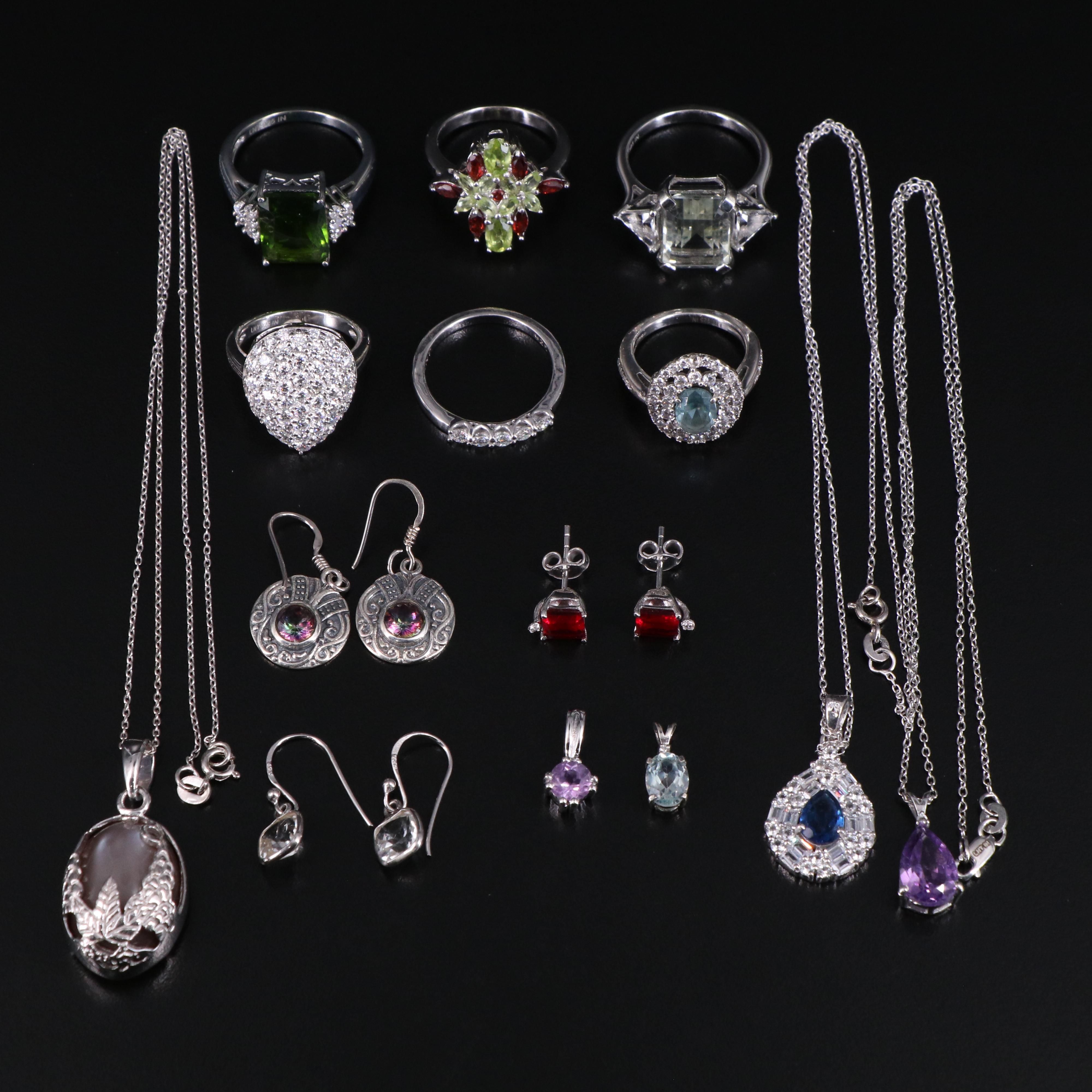 14 Assorted Sterling Silver Rings, Necklaces, Earrings, and Pendants