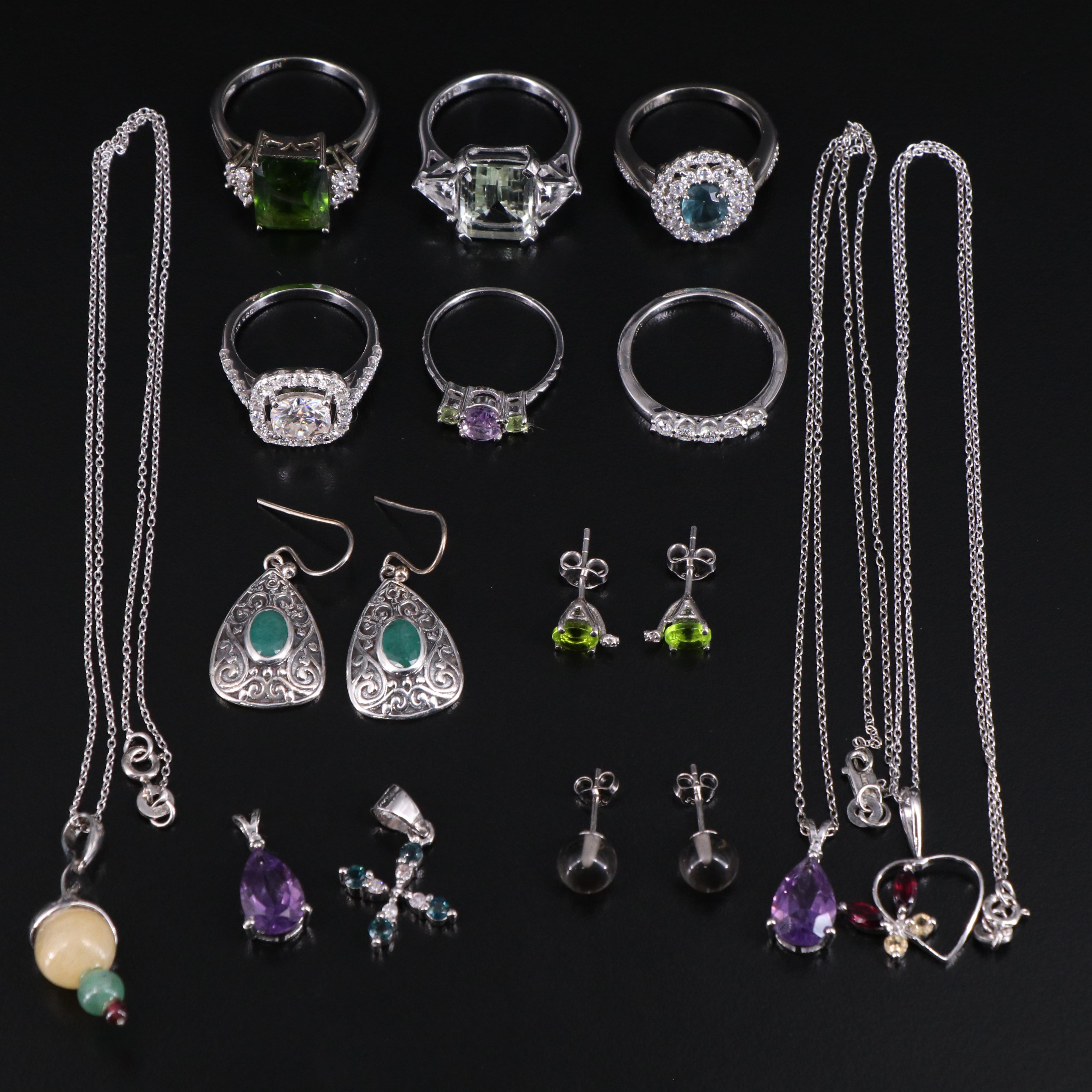 14 Assorted Sterling Silver Rings, Necklaces, Earrings, and Pendants