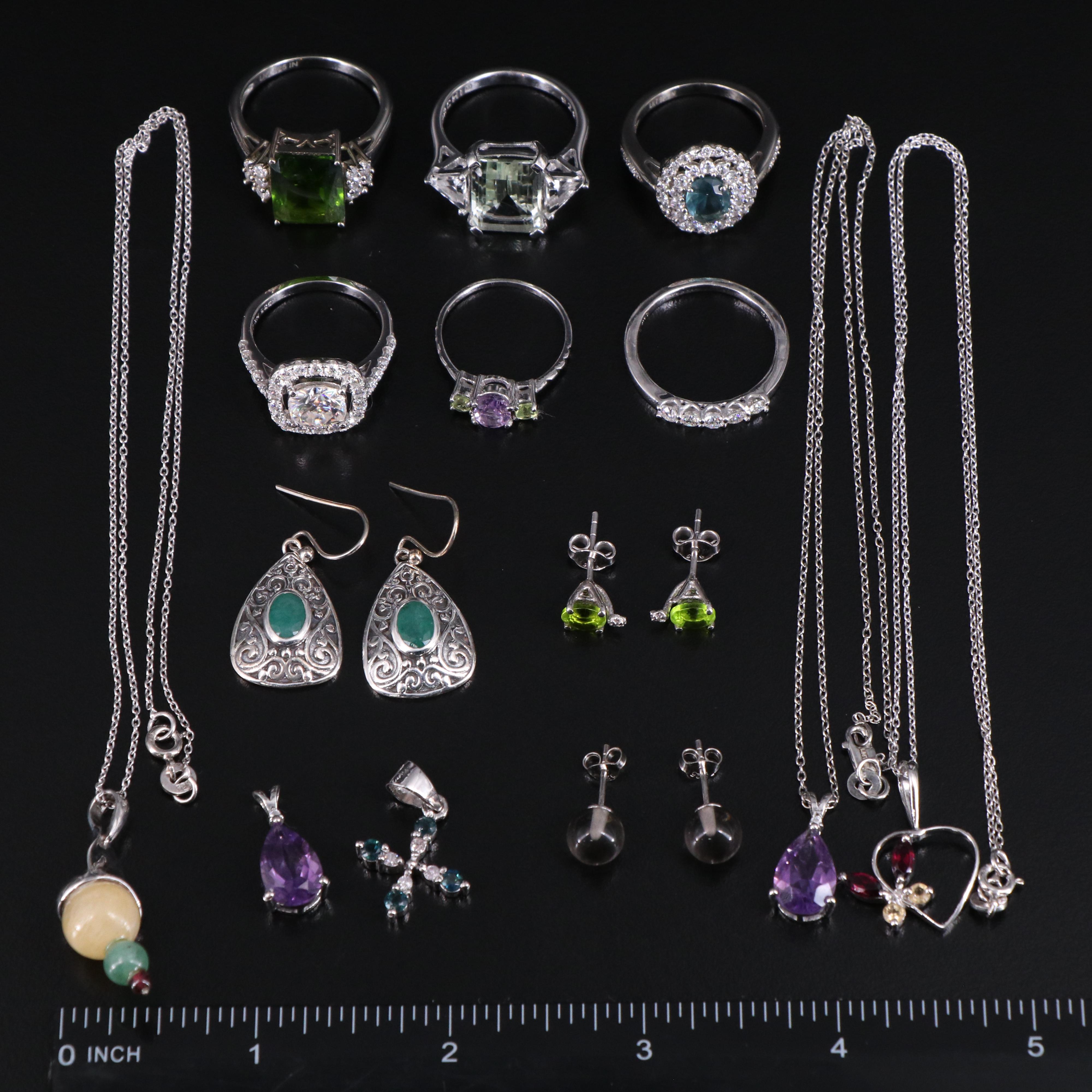 14 Assorted Sterling Silver Rings, Necklaces, Earrings, and Pendants