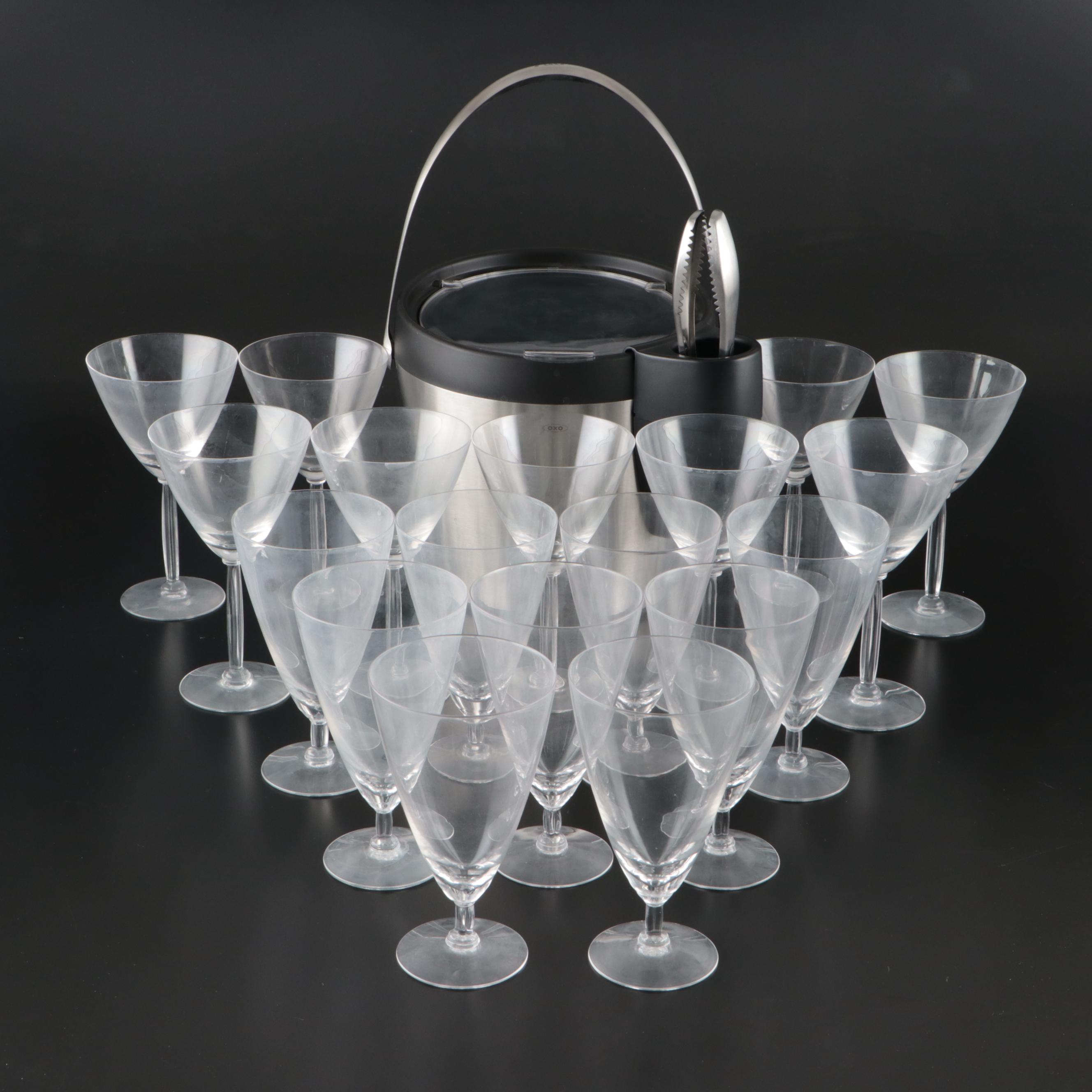Fostoria "Patrician" Wine and Iced Glasses with Oxo Stainless Steel Ice Bucket