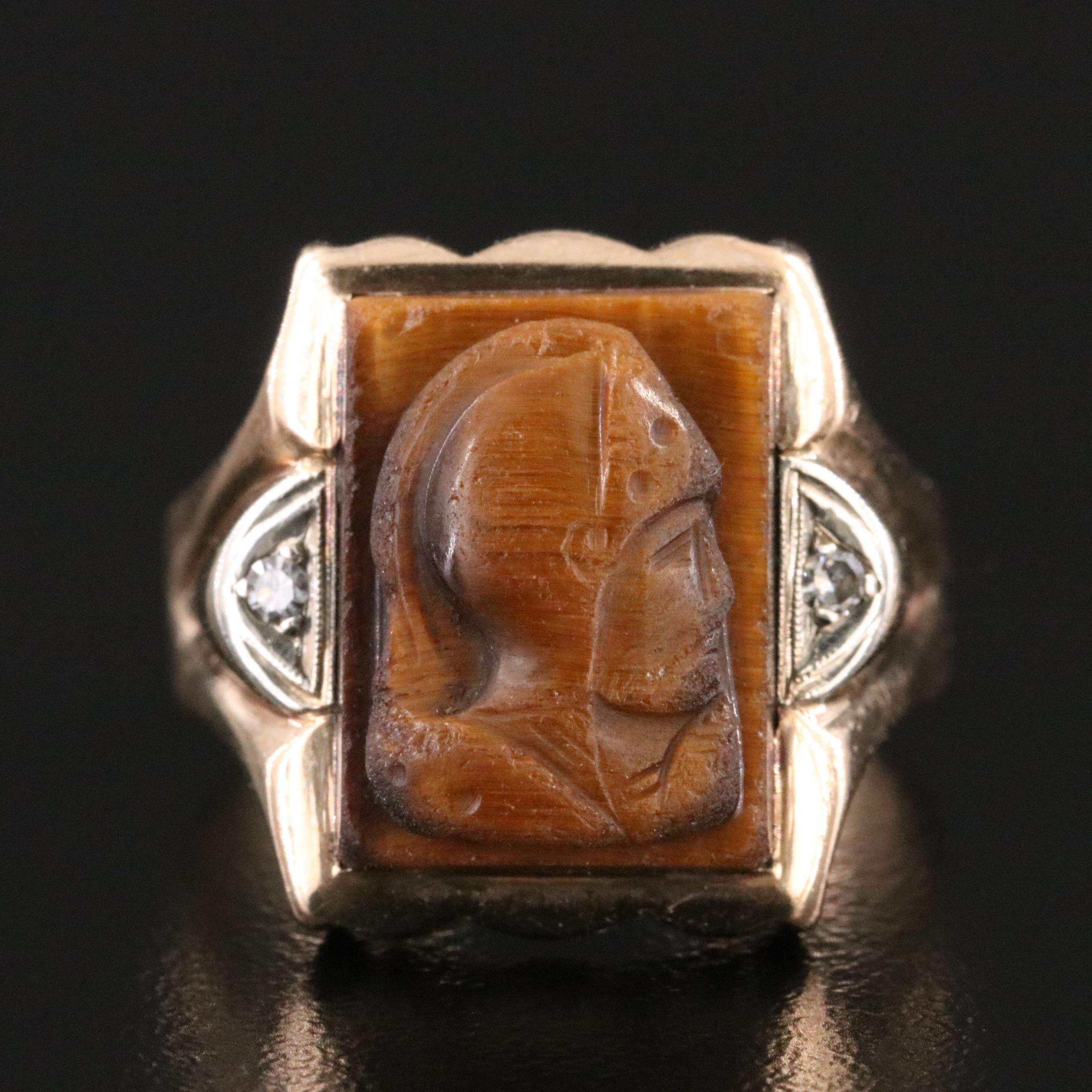 Vintage 10K Tiger's Eye and Diamond Roman Soldier Cameo Ring