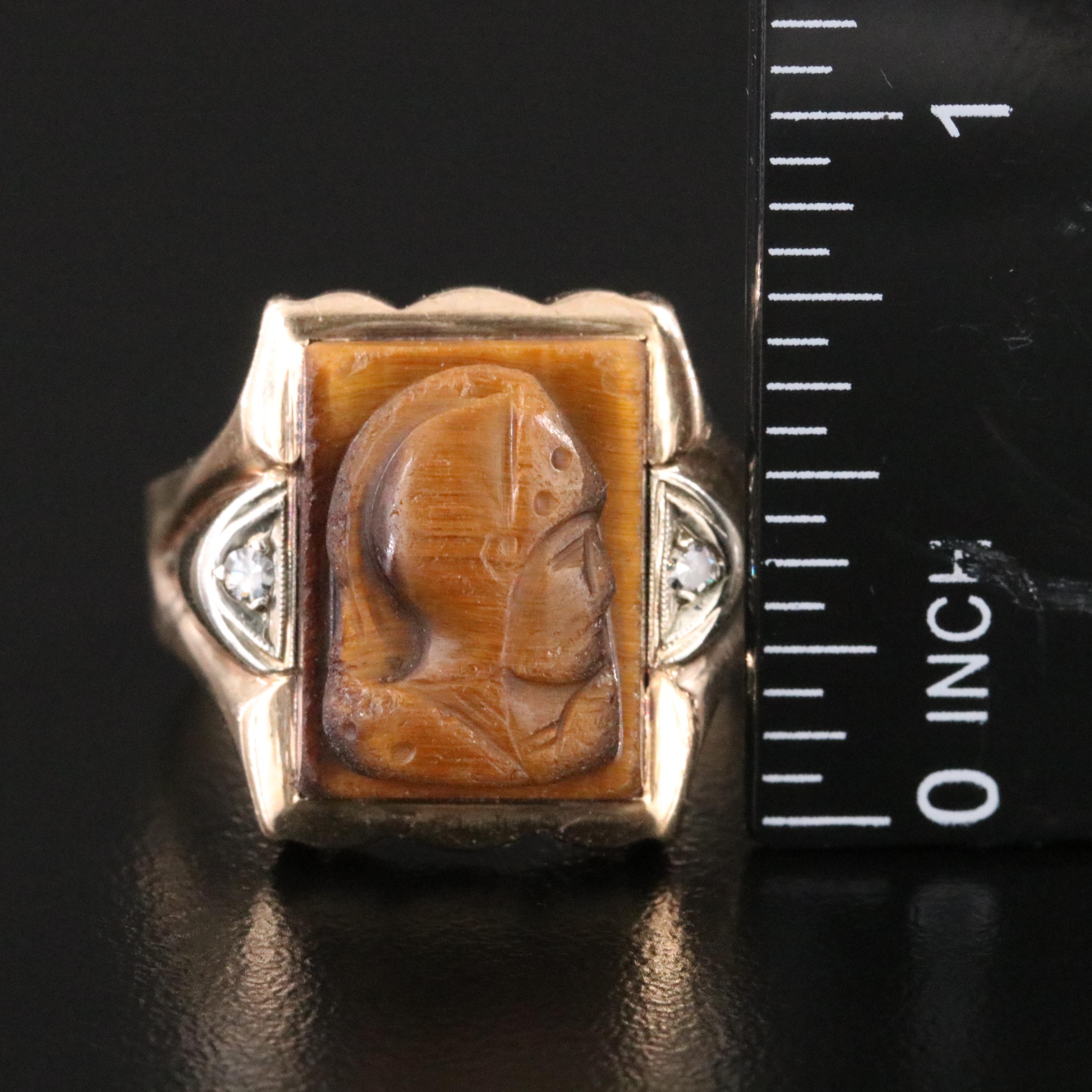 Vintage 10K Tiger's Eye and Diamond Roman Soldier Cameo Ring