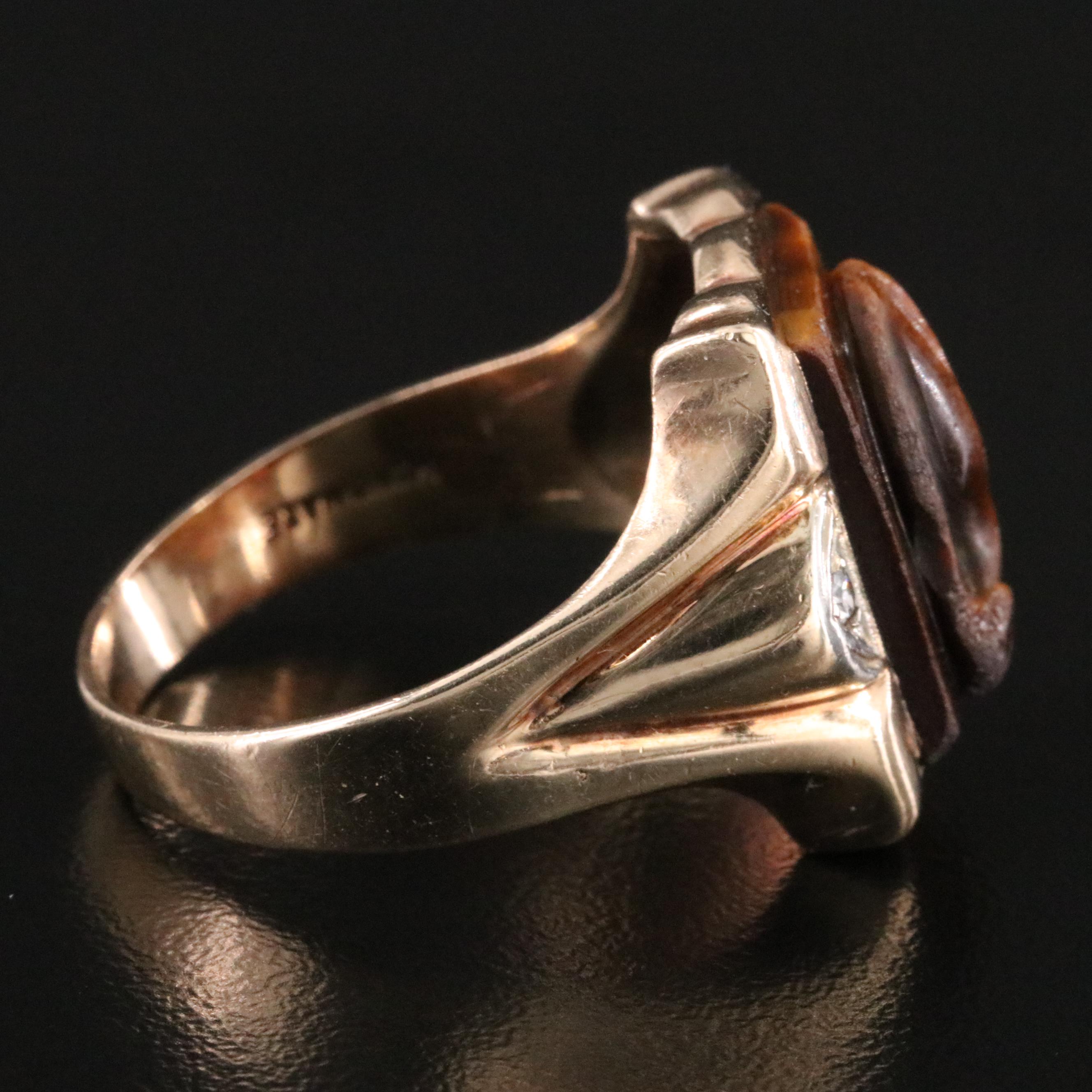 Vintage 10K Tiger's Eye and Diamond Roman Soldier Cameo Ring