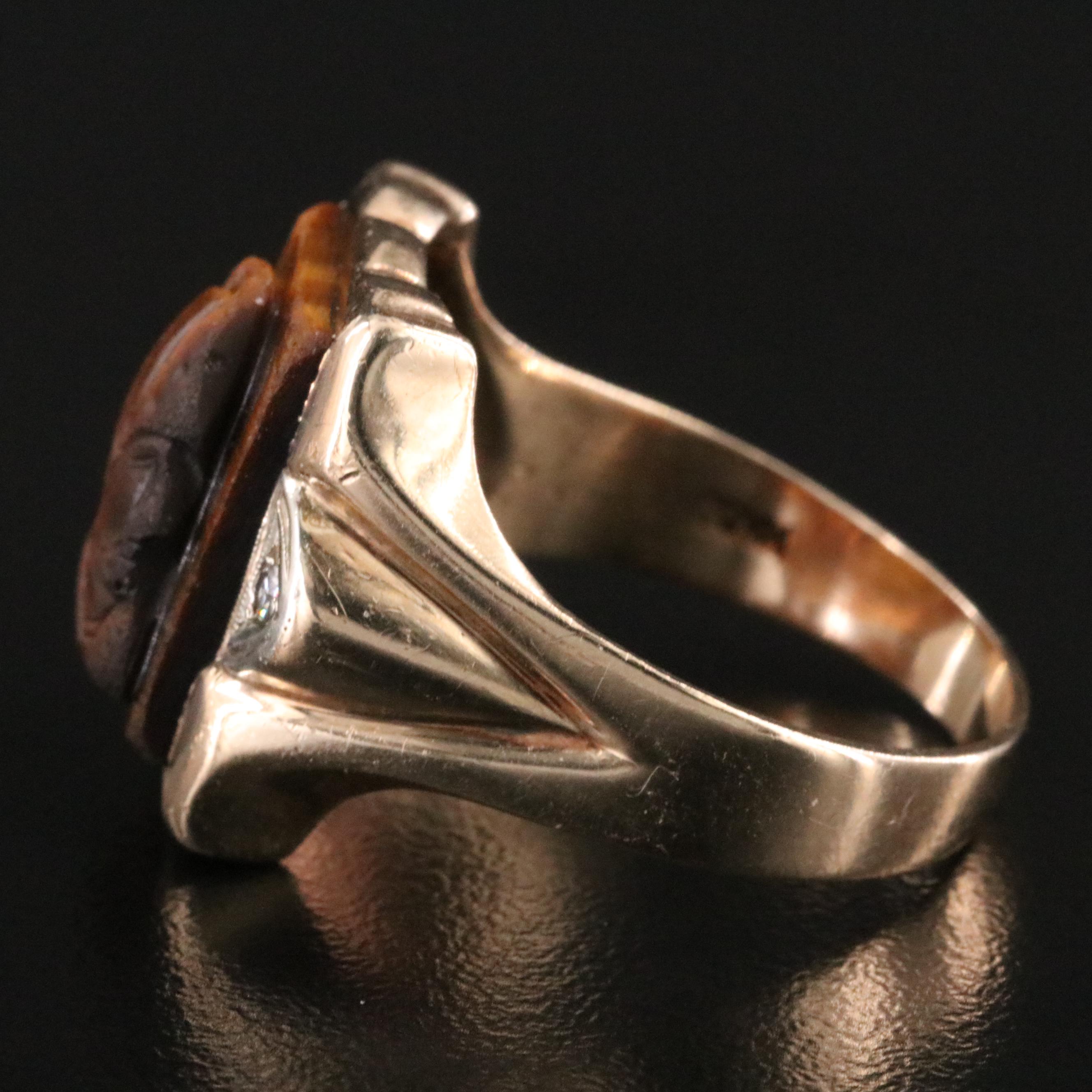 Vintage 10K Tiger's Eye and Diamond Roman Soldier Cameo Ring