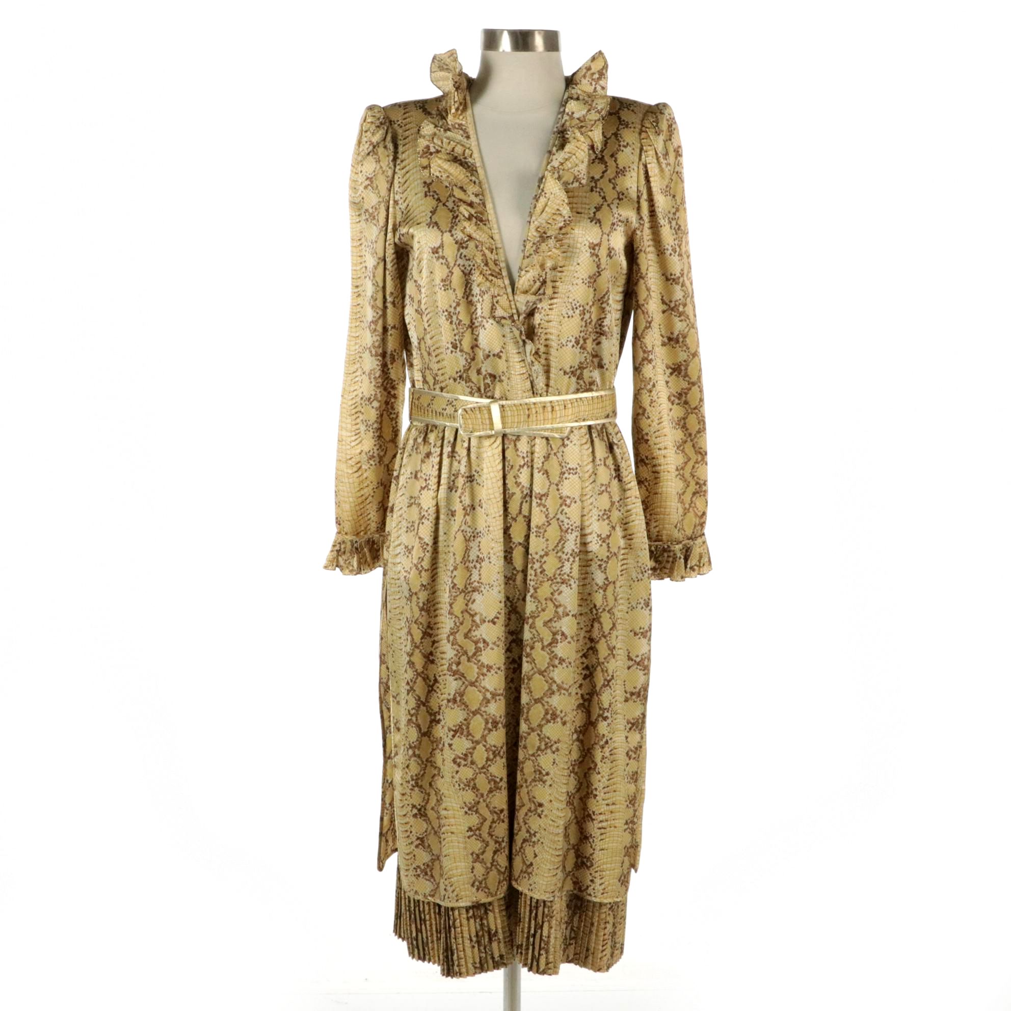 Enzo Russo Snakeskin Silk Long-Sleeve Midi Dress with Ruffle/Pleated Details