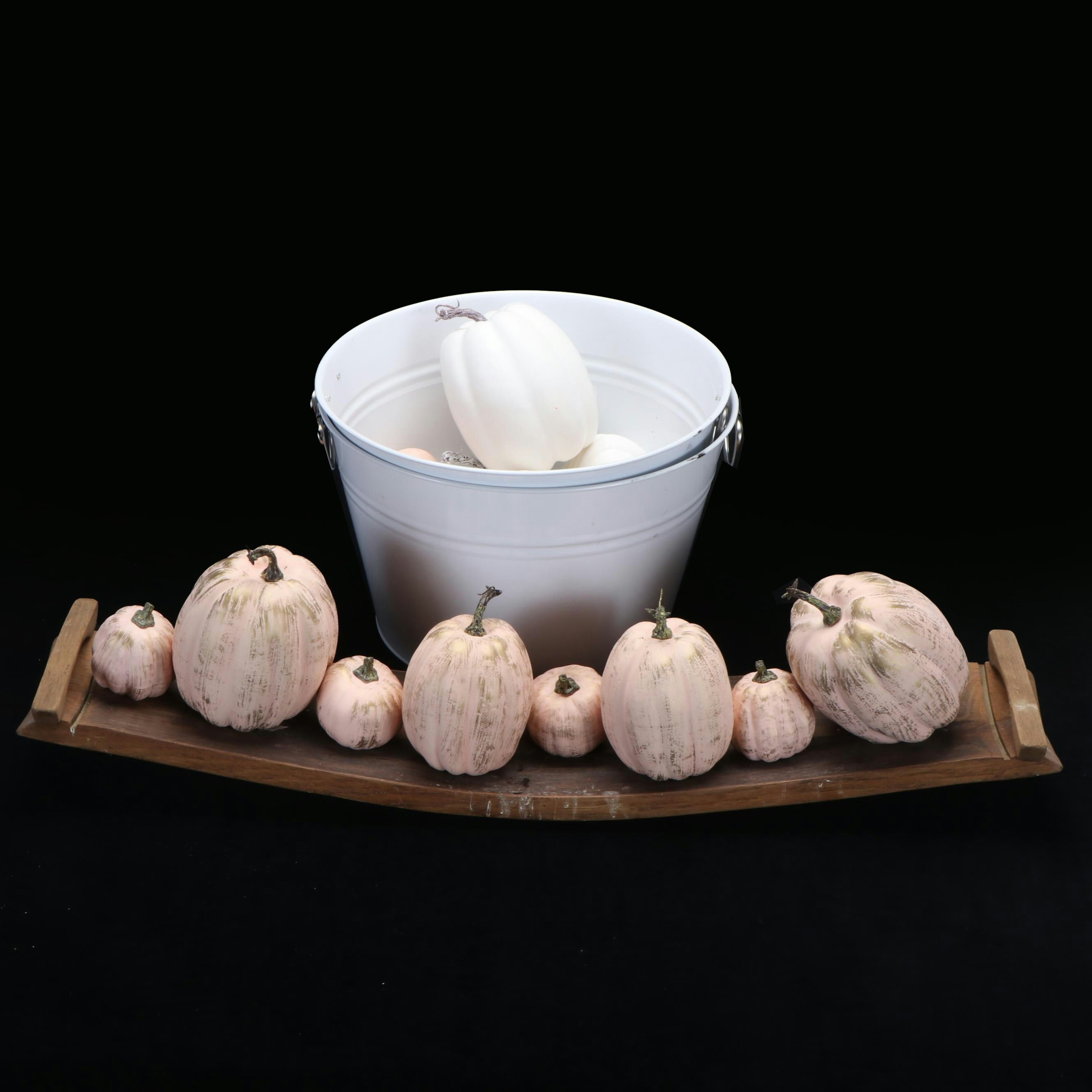 HD Designs Outdoors Metal Buckets with Wood Handled Tray and Pumpkins