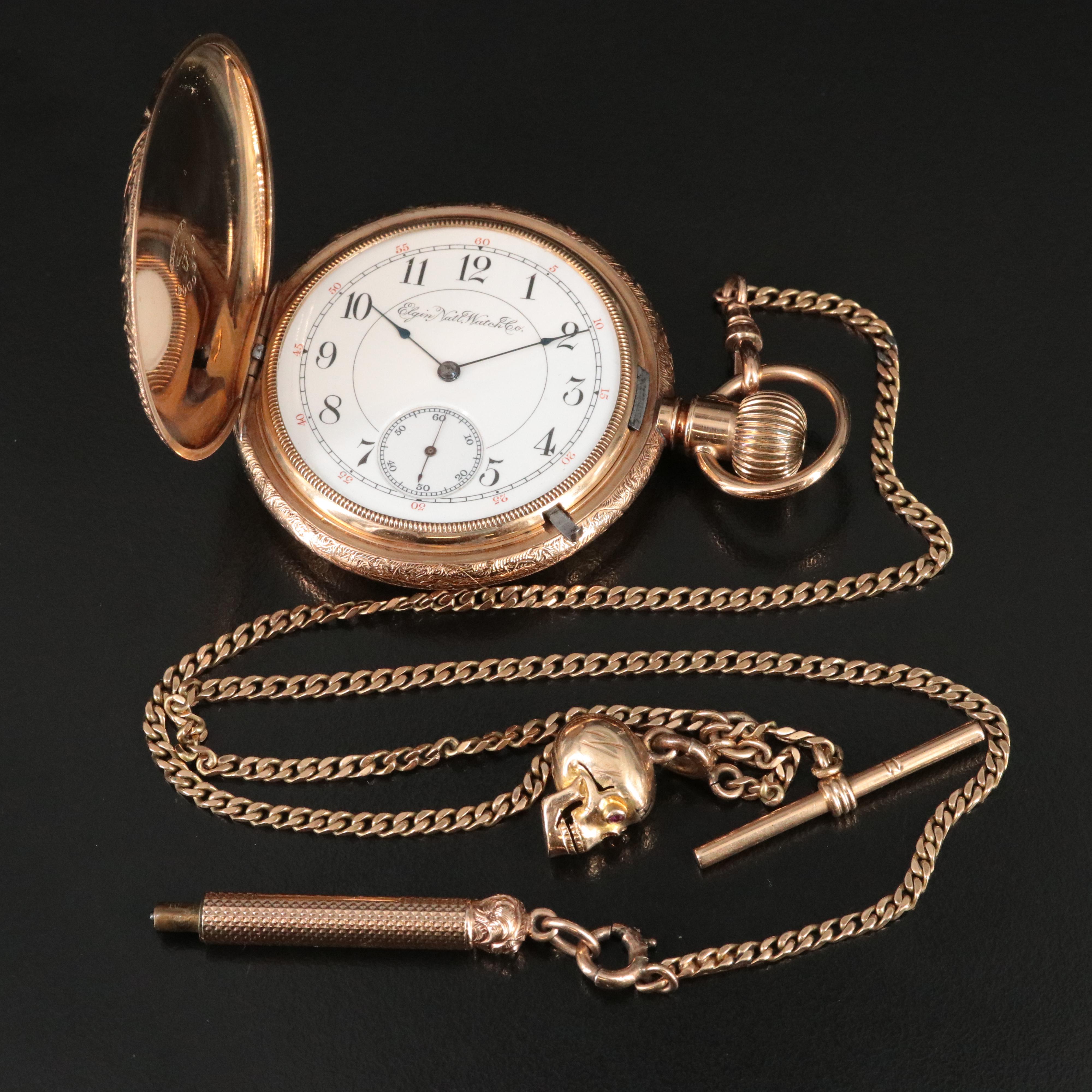 1893 14K Elgin National Watch Co. Unique Decorated Hunting Case Pocket Watch