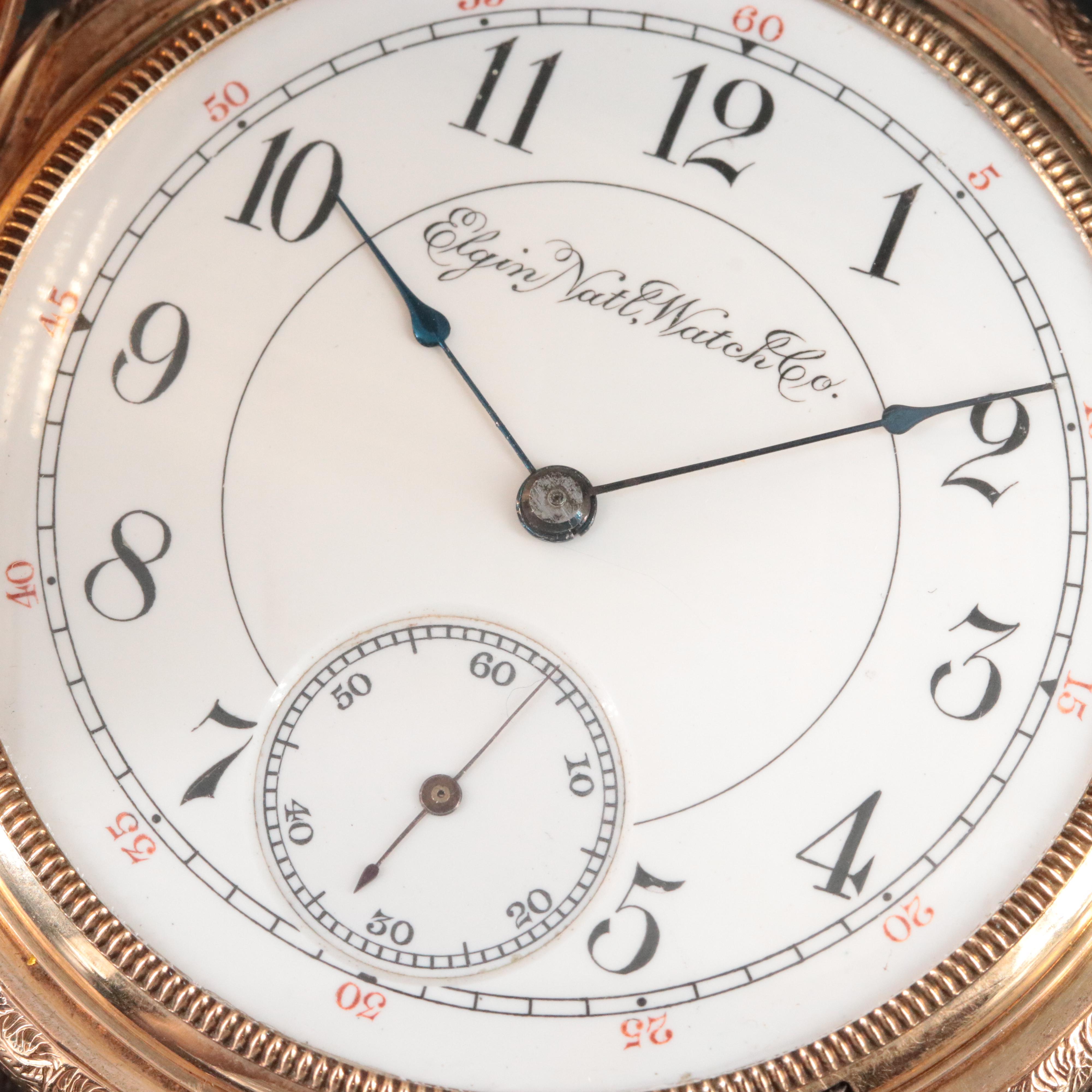 1893 14K Elgin National Watch Co. Unique Decorated Hunting Case Pocket Watch