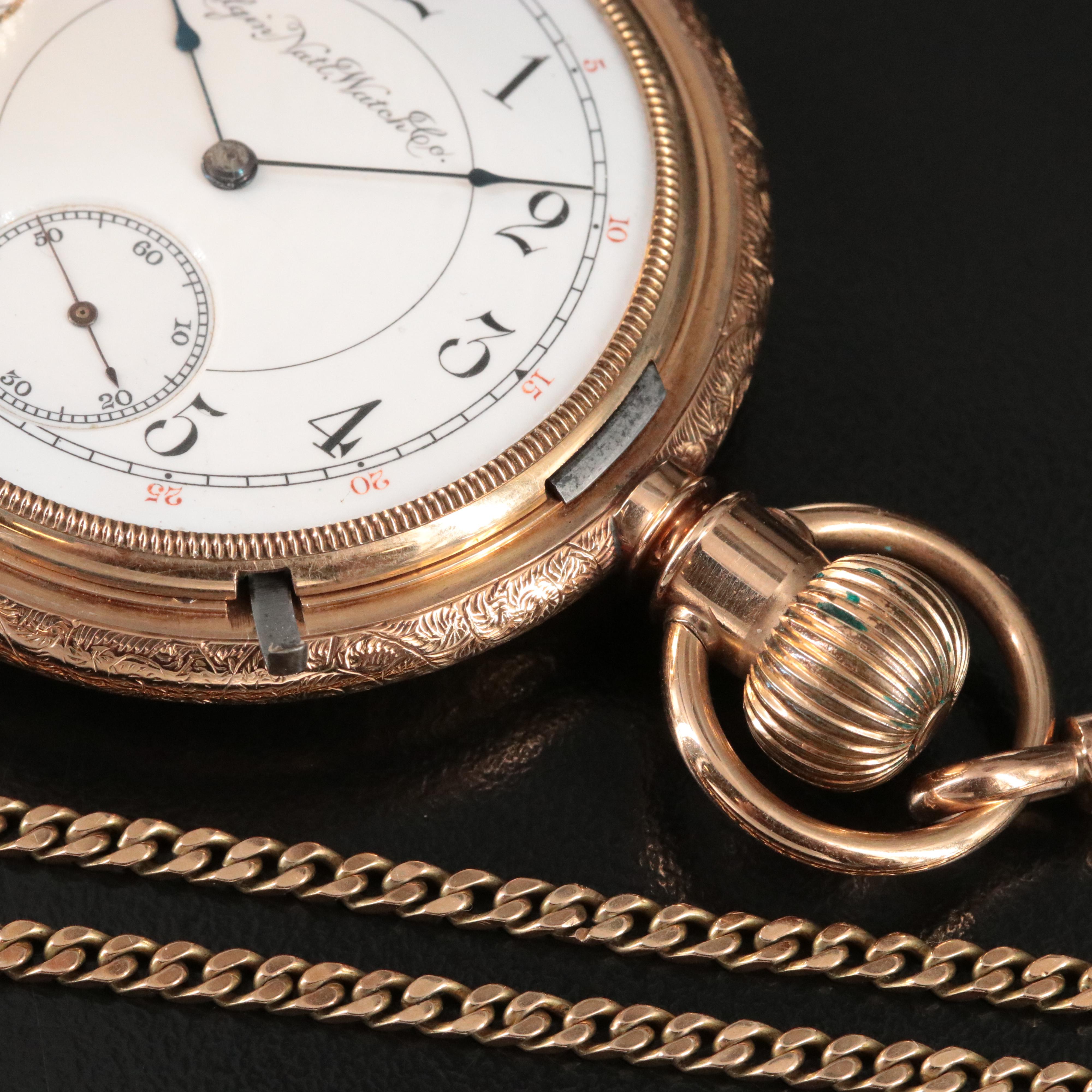 1893 14K Elgin National Watch Co. Unique Decorated Hunting Case Pocket Watch