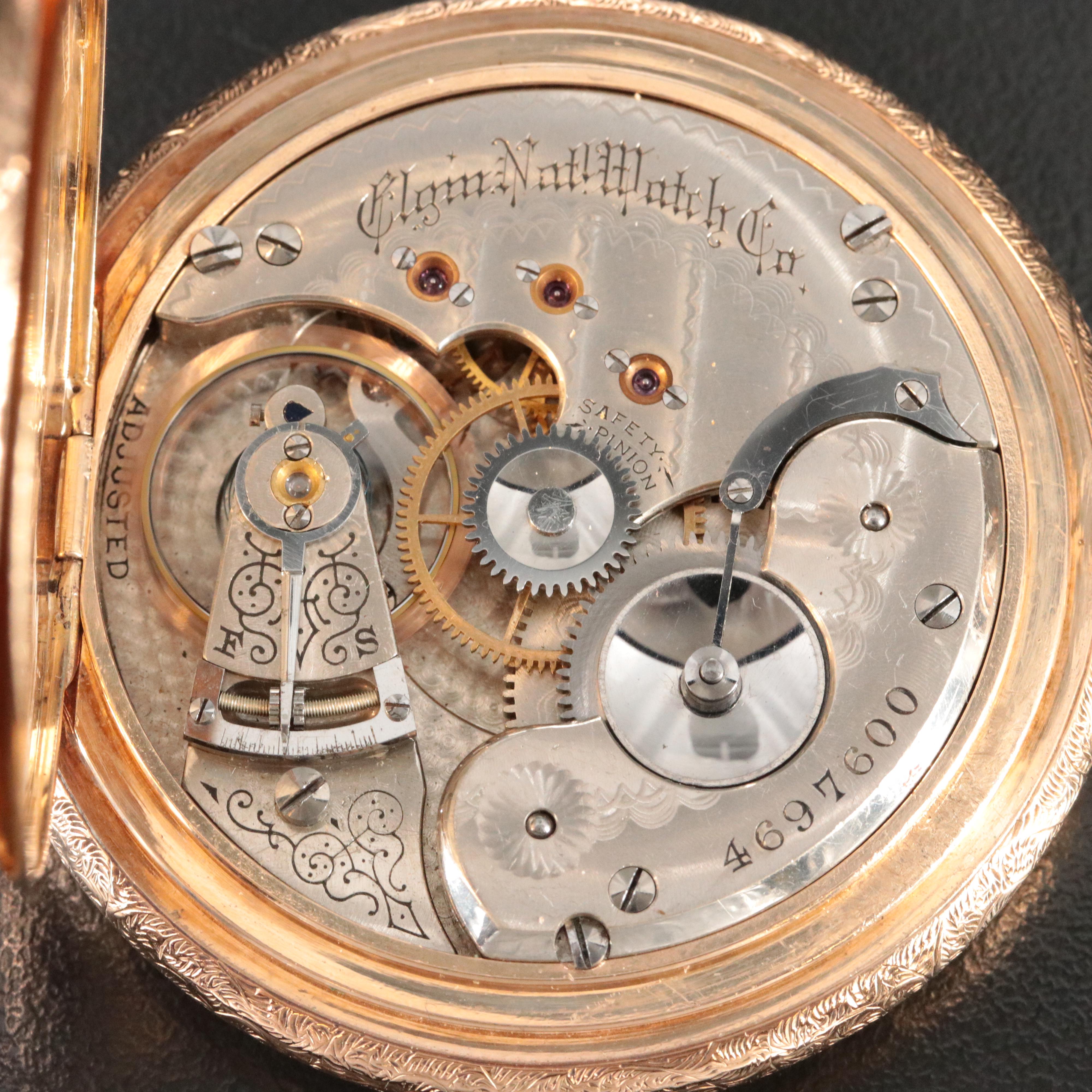 1893 14K Elgin National Watch Co. Unique Decorated Hunting Case Pocket Watch