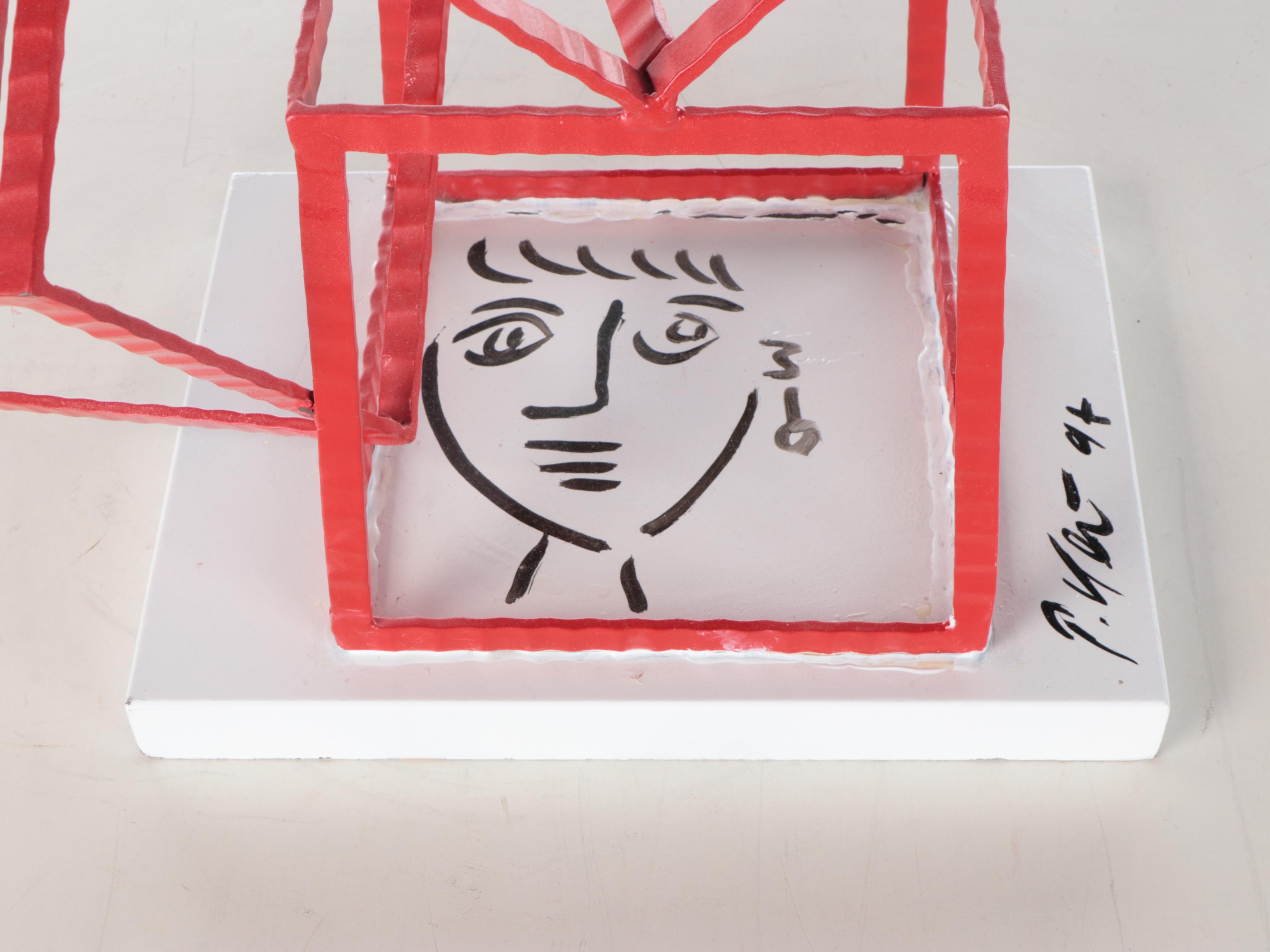 Peter Keil Acrylic Portrait on Found Red Metal Cube Sculpture