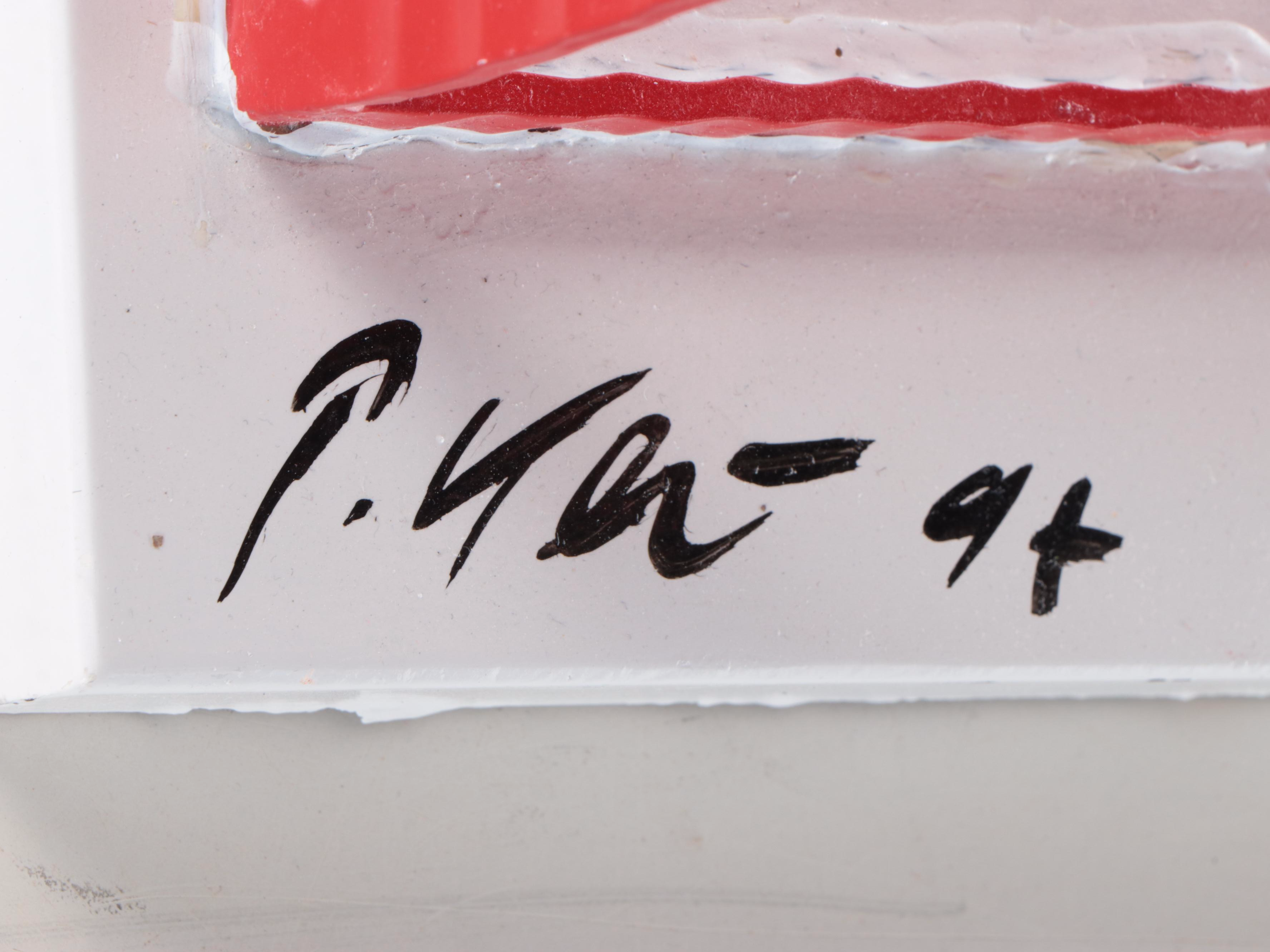 Peter Keil Acrylic Portrait on Found Red Metal Cube Sculpture