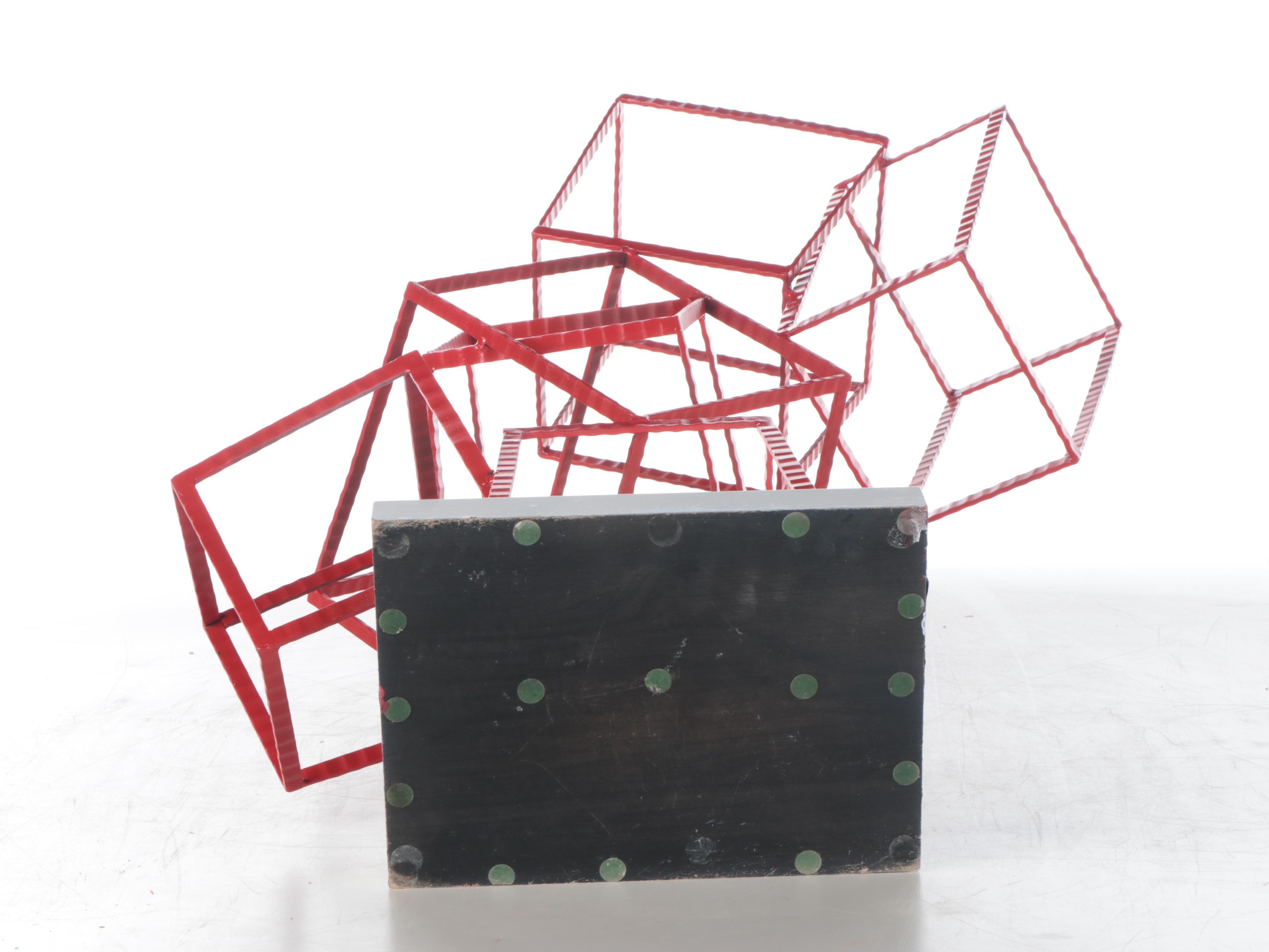 Peter Keil Acrylic Portrait on Found Red Metal Cube Sculpture