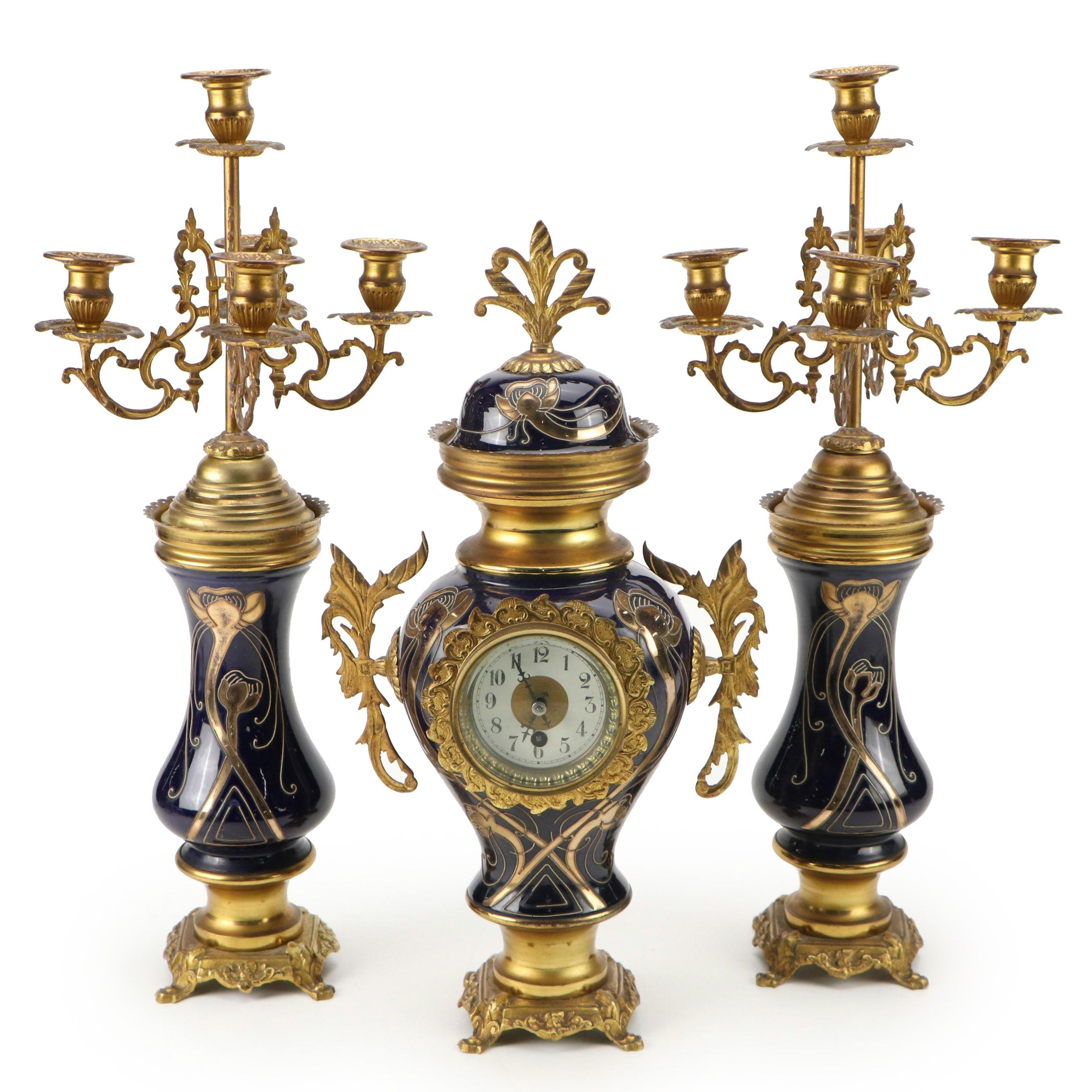 French Art Nouveau Cobalt Ceramic and Gilt Metal Clock Garniture Set