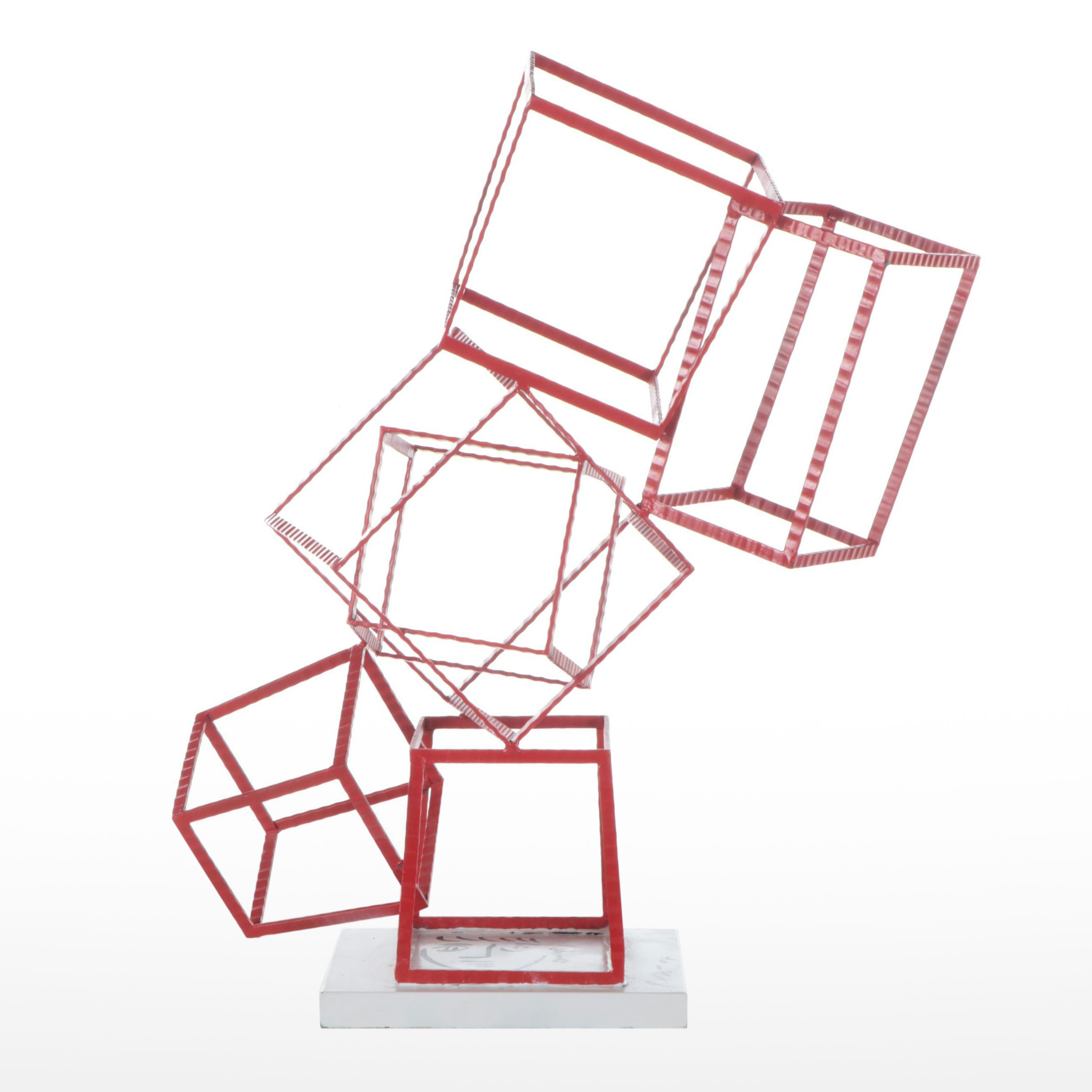 Peter Keil Acrylic Portrait on Found Red Metal Cube Sculpture