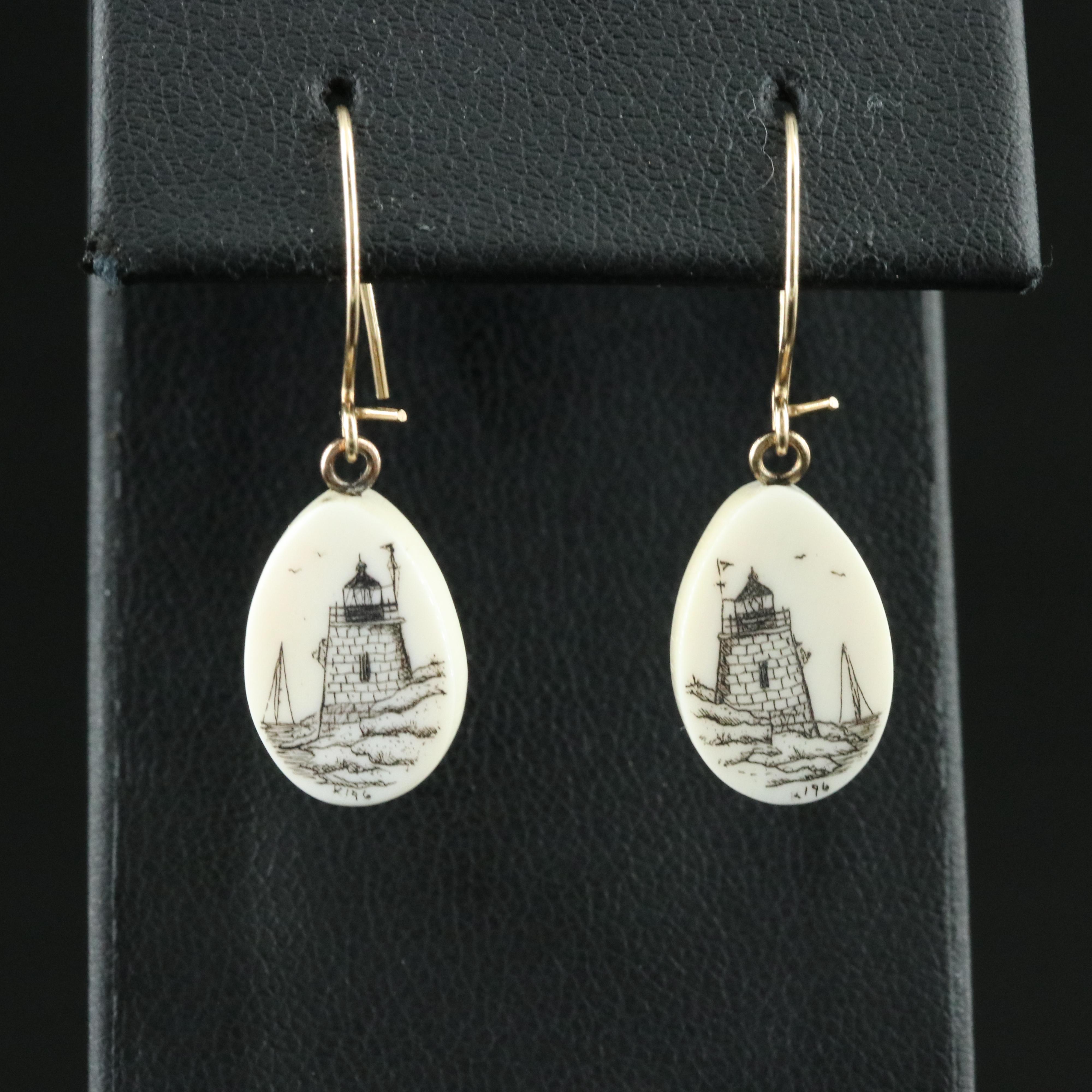 14K Signed Scrimshaw Earrings