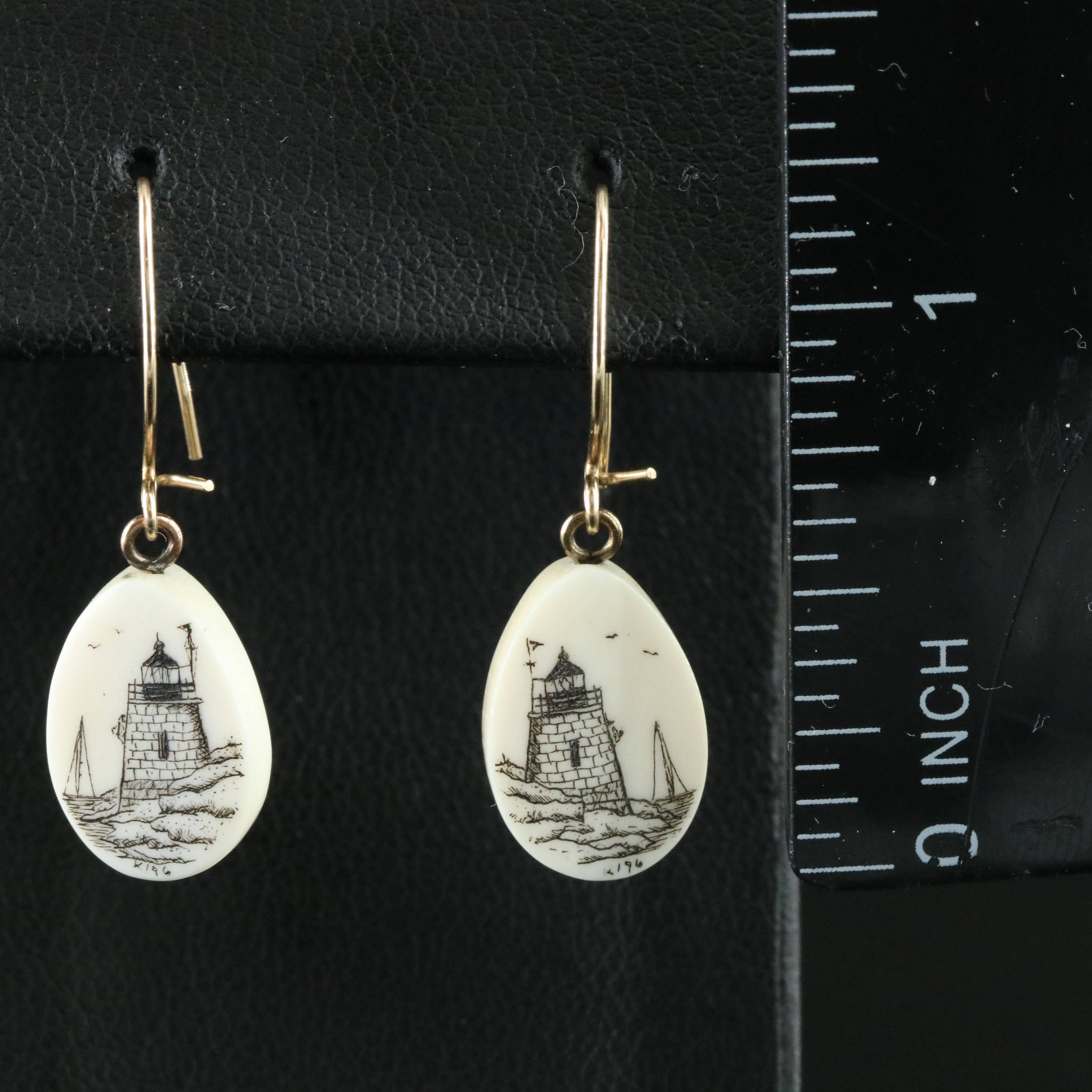 14K Signed Scrimshaw Earrings